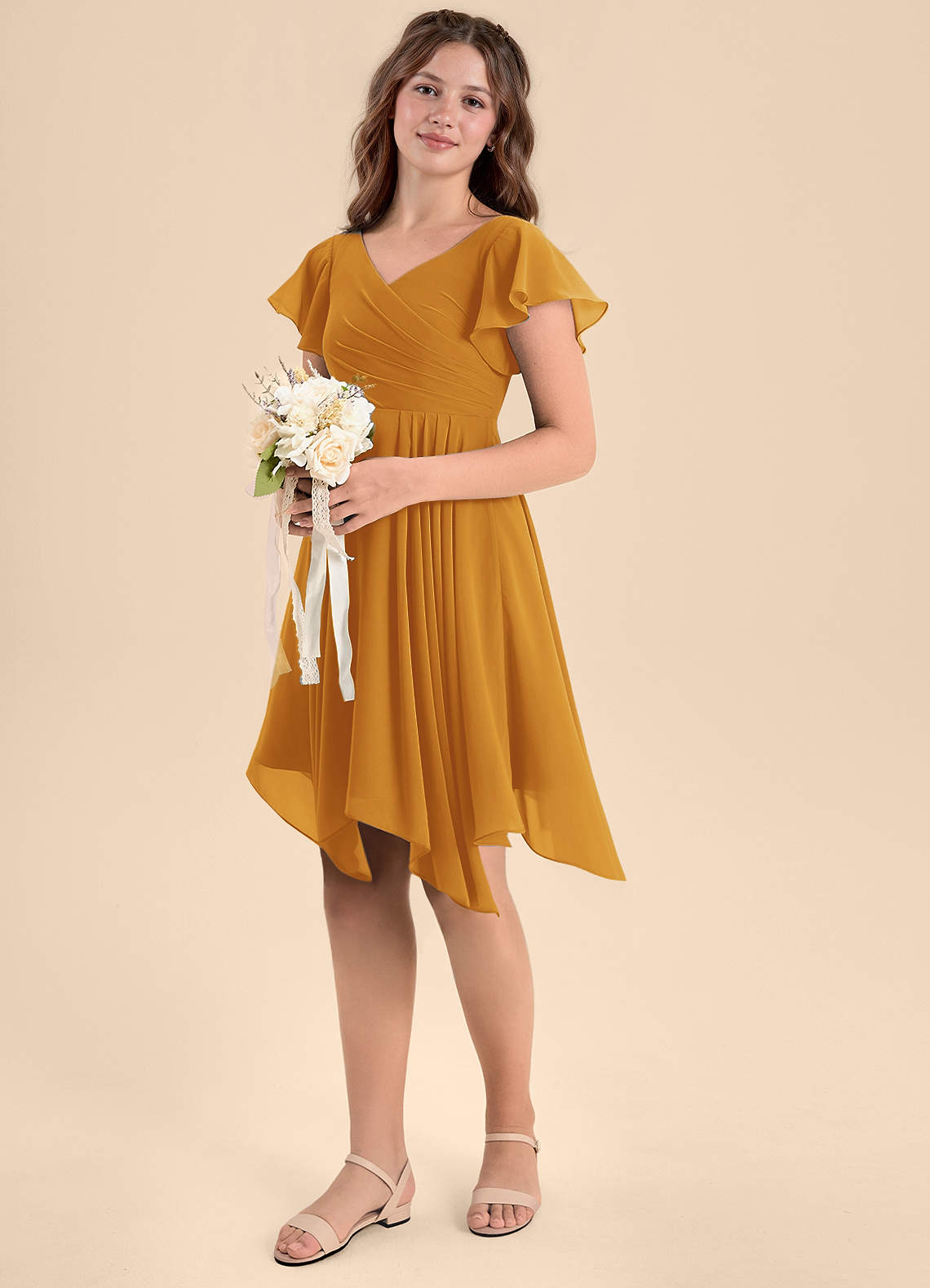 Azazie Janeaurelia Junior Butterscotch A-Line Pleated Chiffon Dress image1