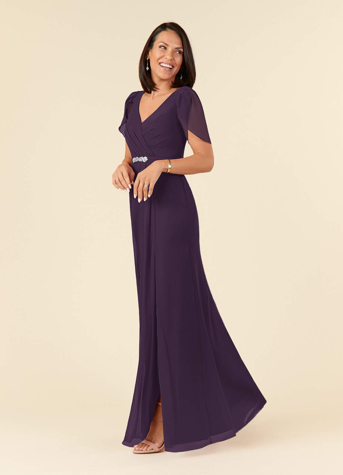 Azazie Marianne Mother of the Bride Dresses Plum Sheath V-Neck Pleated Chiffon Dress image2