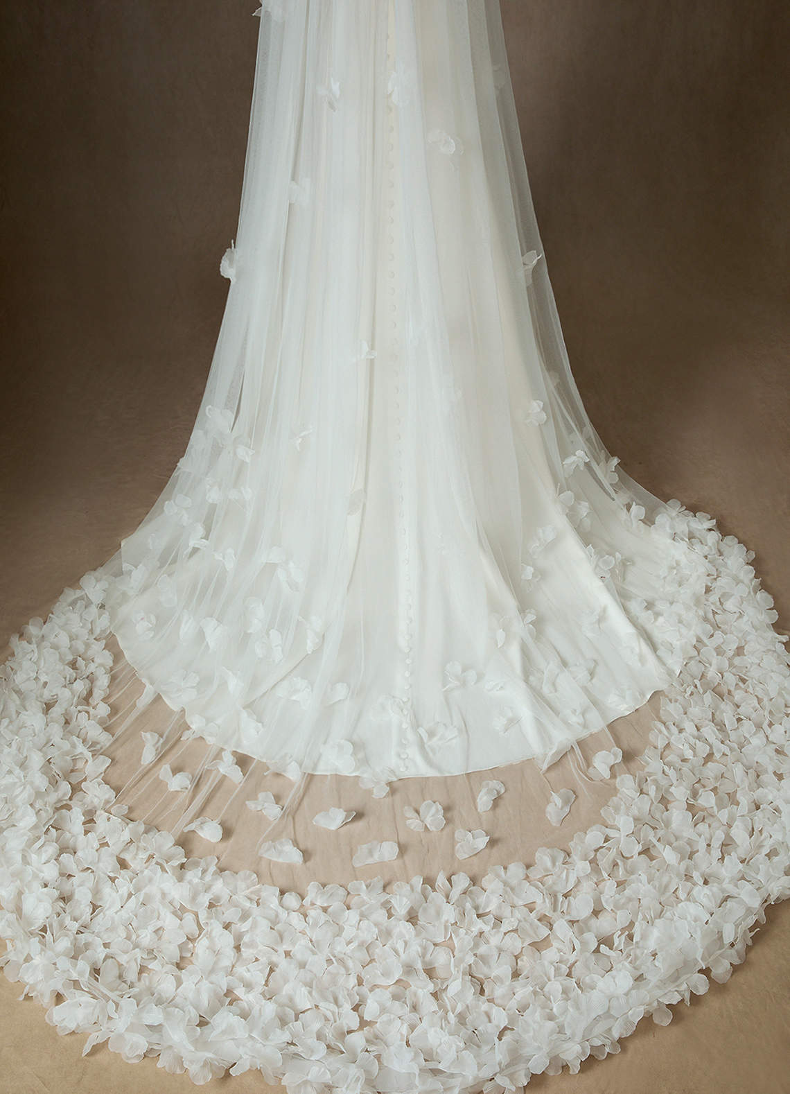 front Scattered 3D Flowers Cathedral Length Veil