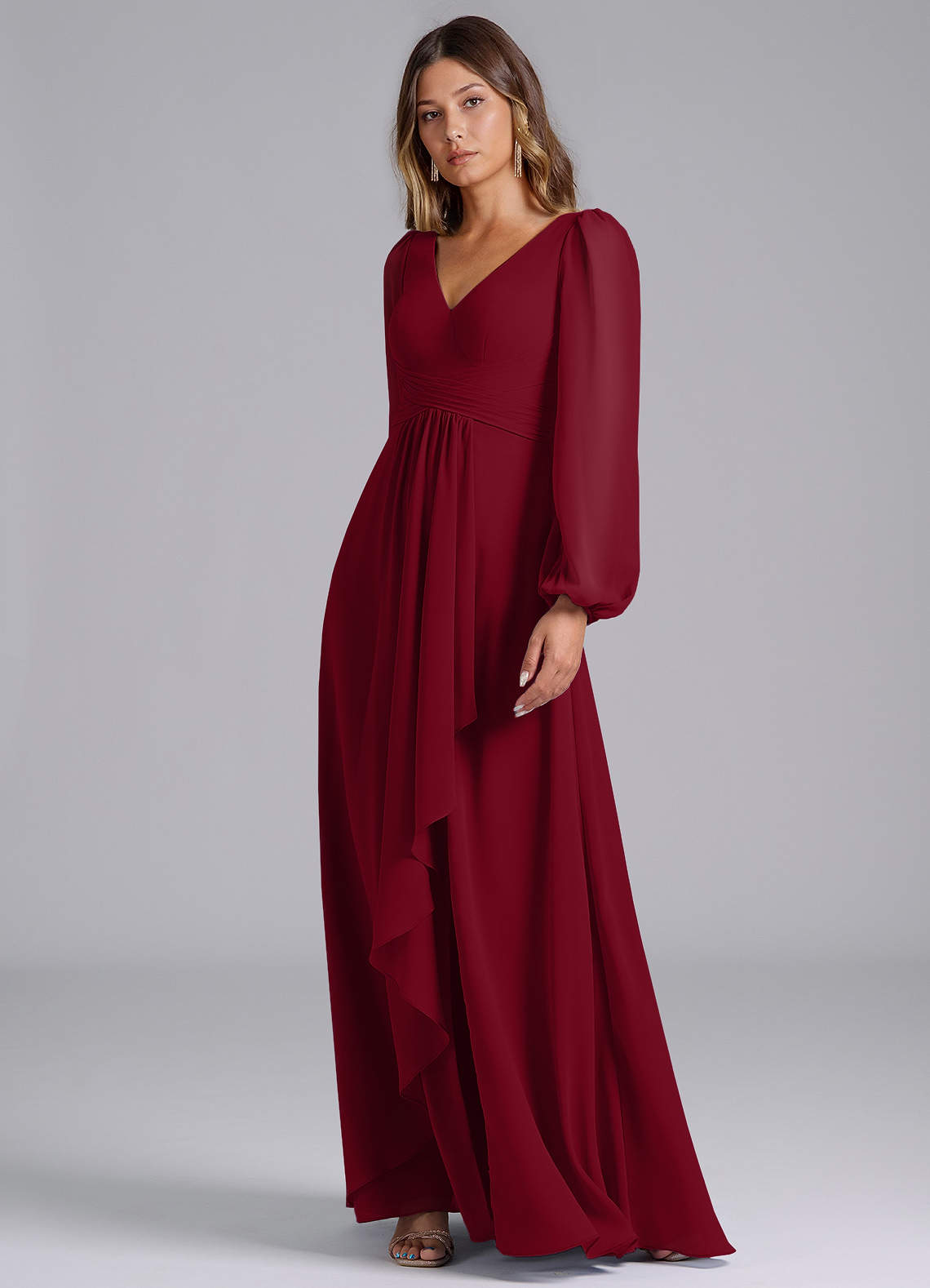 knee length dresses for ladies Burgundy bridesmaid dress long, formal gown with sleeves, bridesmaid d –  Xiaolizi main image 0