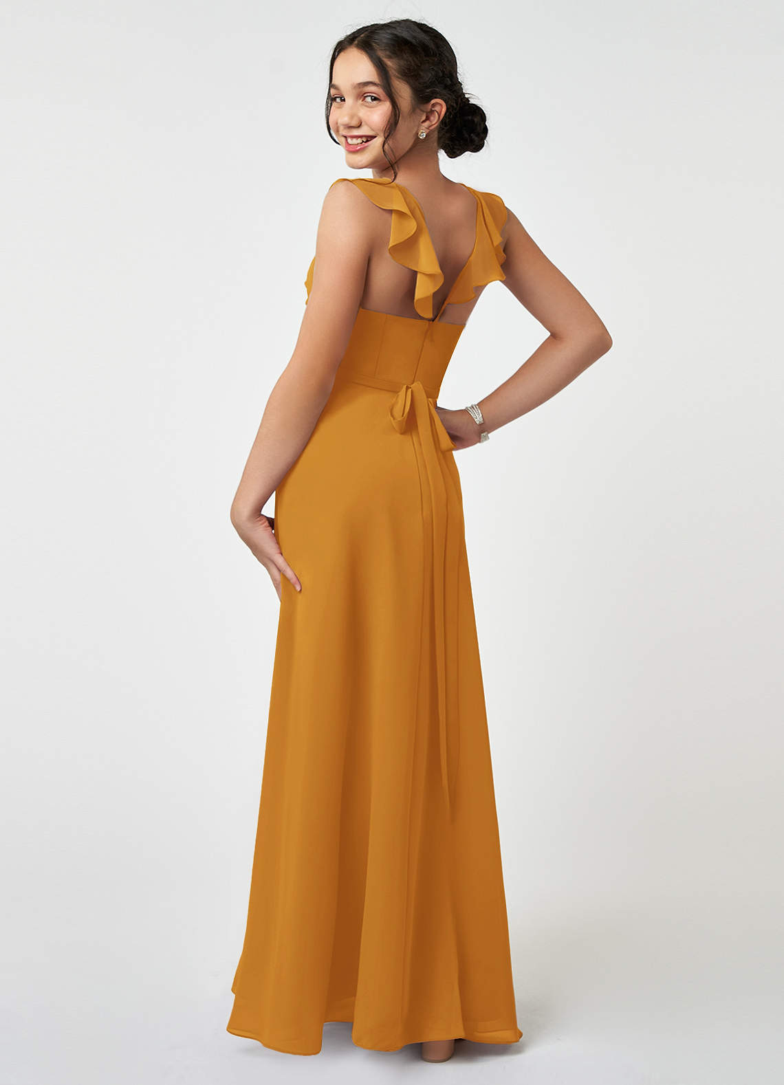 Azazie Emily Junior Robe Trapèze en Mousseline de soie Rayé Caramel écossais image3