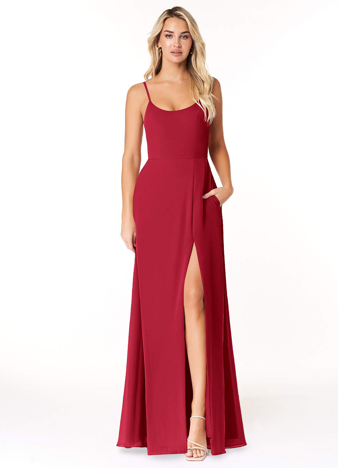 Azazie Moira Brautjungfernkleider A-Linie Schaufel Chiffon Kleid Scharlachrot image1