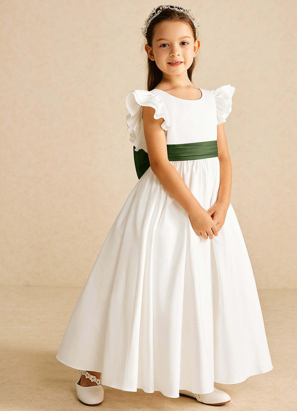 Azazie Aero Flower Girl Dresses Ivory Olive A-Line Pleated Cotton Dress image4