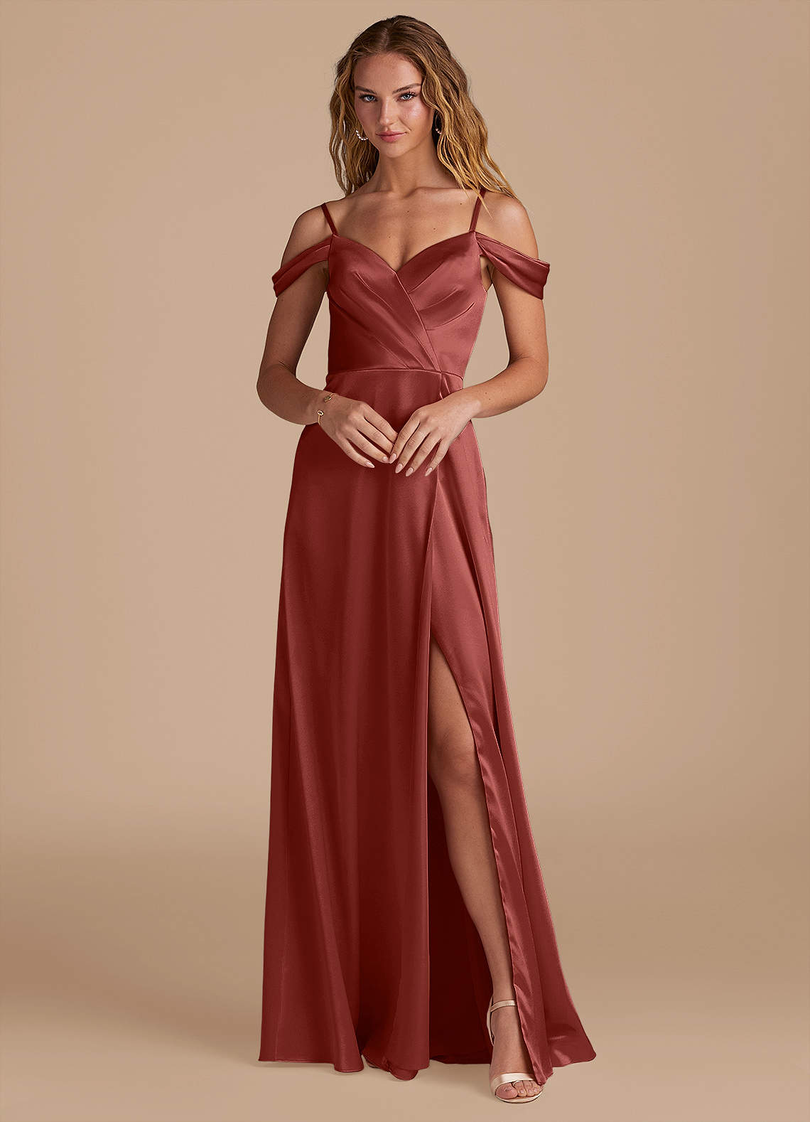 Azazie Ocean Bridesmaid Dresses Terracotta A-Line Off the Shoulder Metallic Satin Dress image1