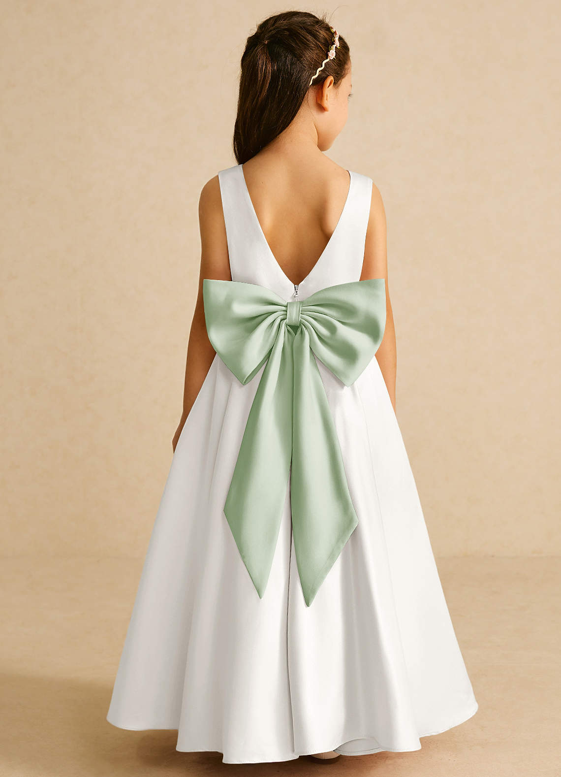 Azazie Pipsy Flower Girl Dresses Ivory Dusty Sage A-Line Bow Matte Satin Dress image1