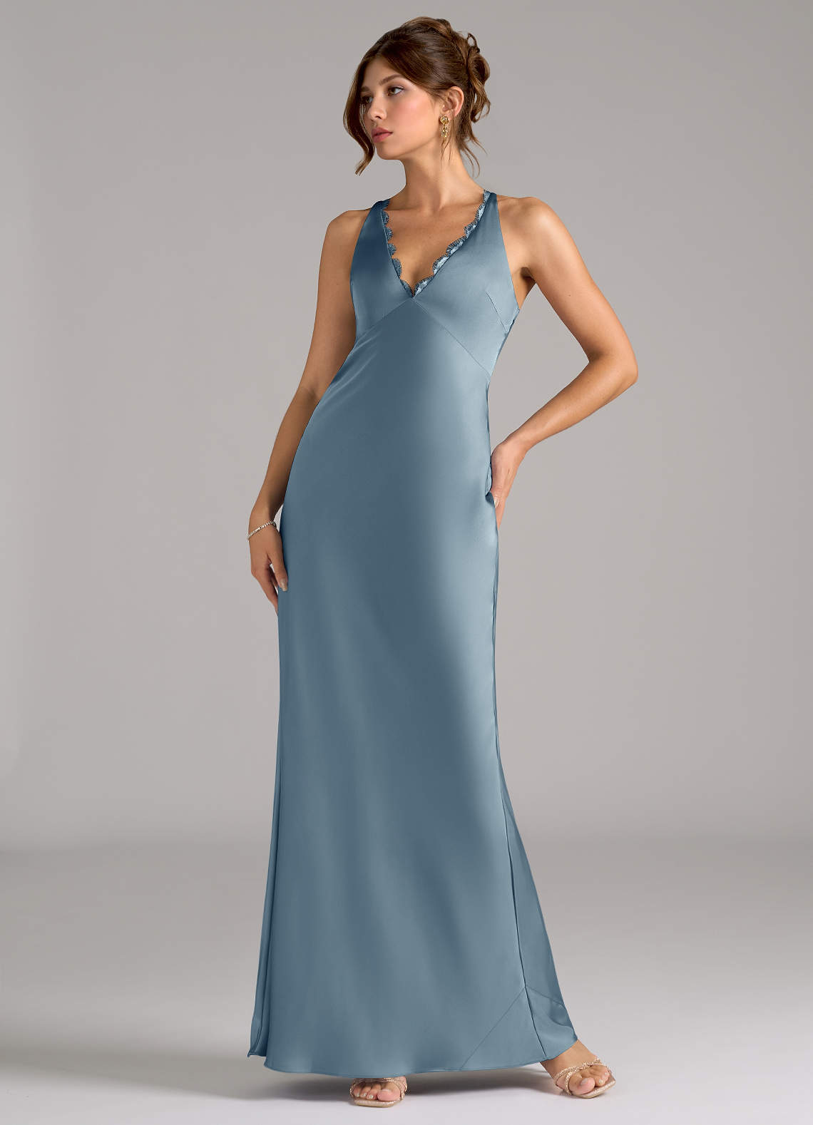 Azazie Tianna Brautjungfernkleider A-Linie Stretch-Satin Kleid Staubblau image1