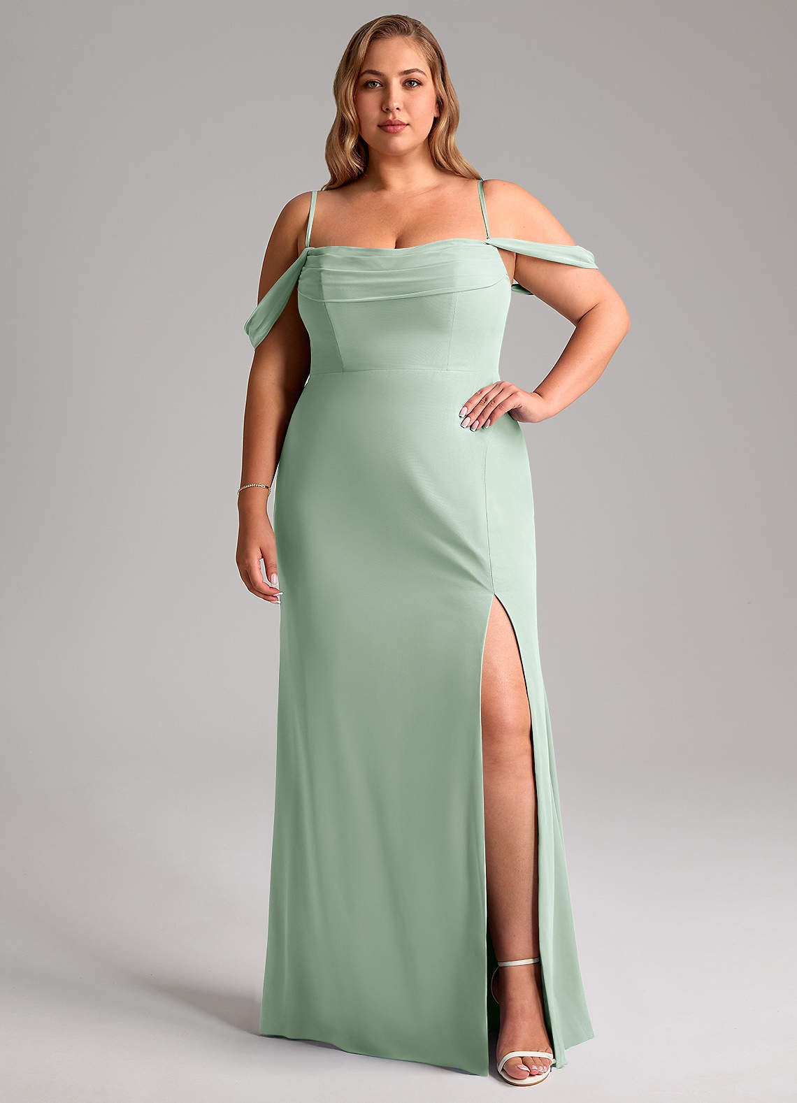 Azazie Saige Bridesmaid Dresses Agave A-Line Off the Shoulder Chiffon Convertible Dress image12