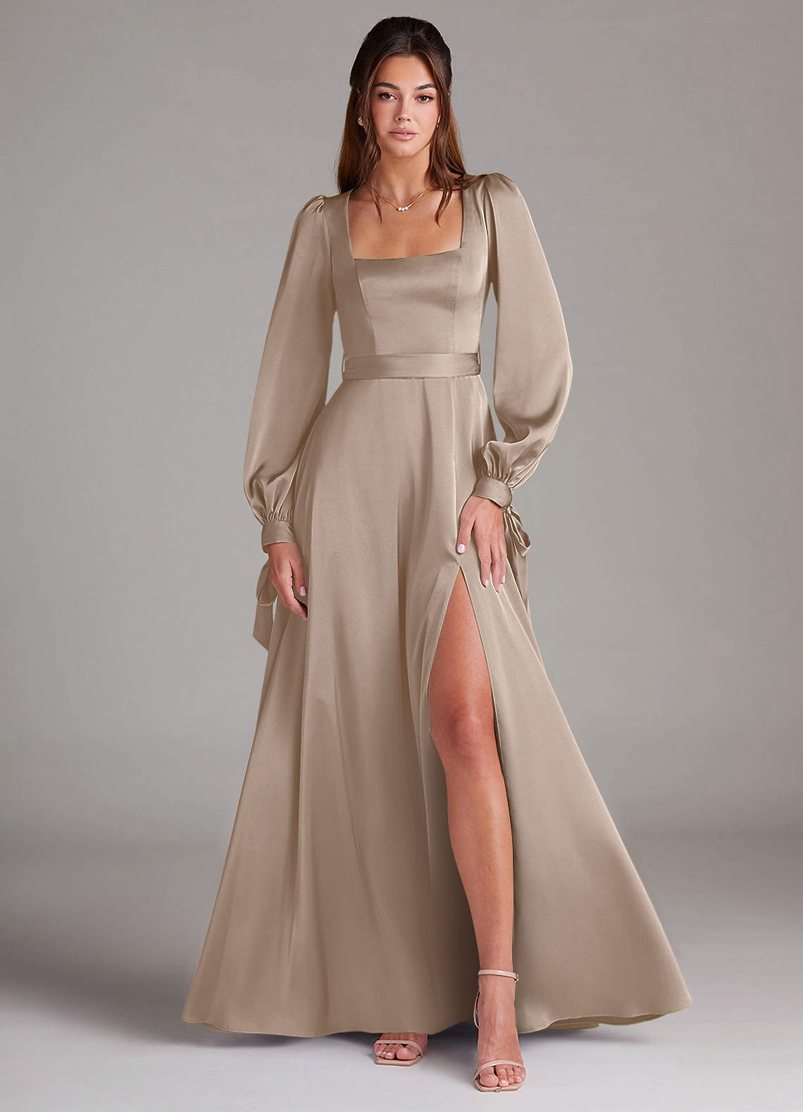 taupe bridesmaid dresses with sleeves Azazie Leonia All Night Out Vacation 972 Straps Sleeves size:L