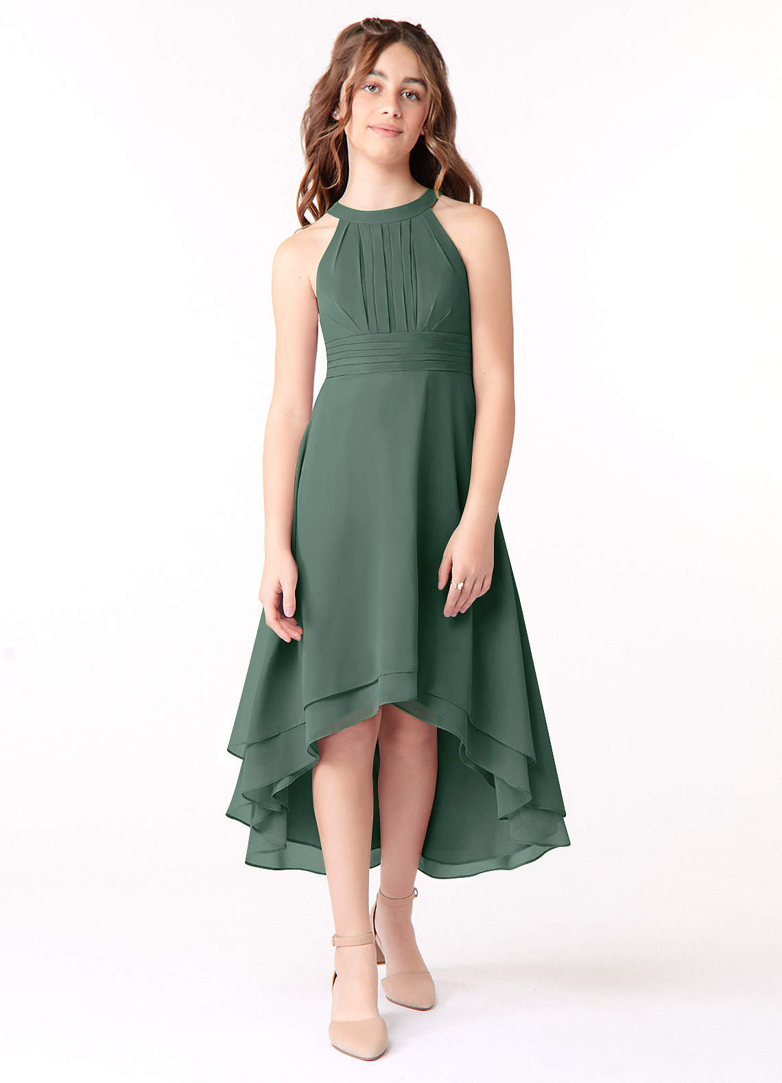 Azazie Linna Junior Sea Moss A-Line Pleated Chiffon Dress image1