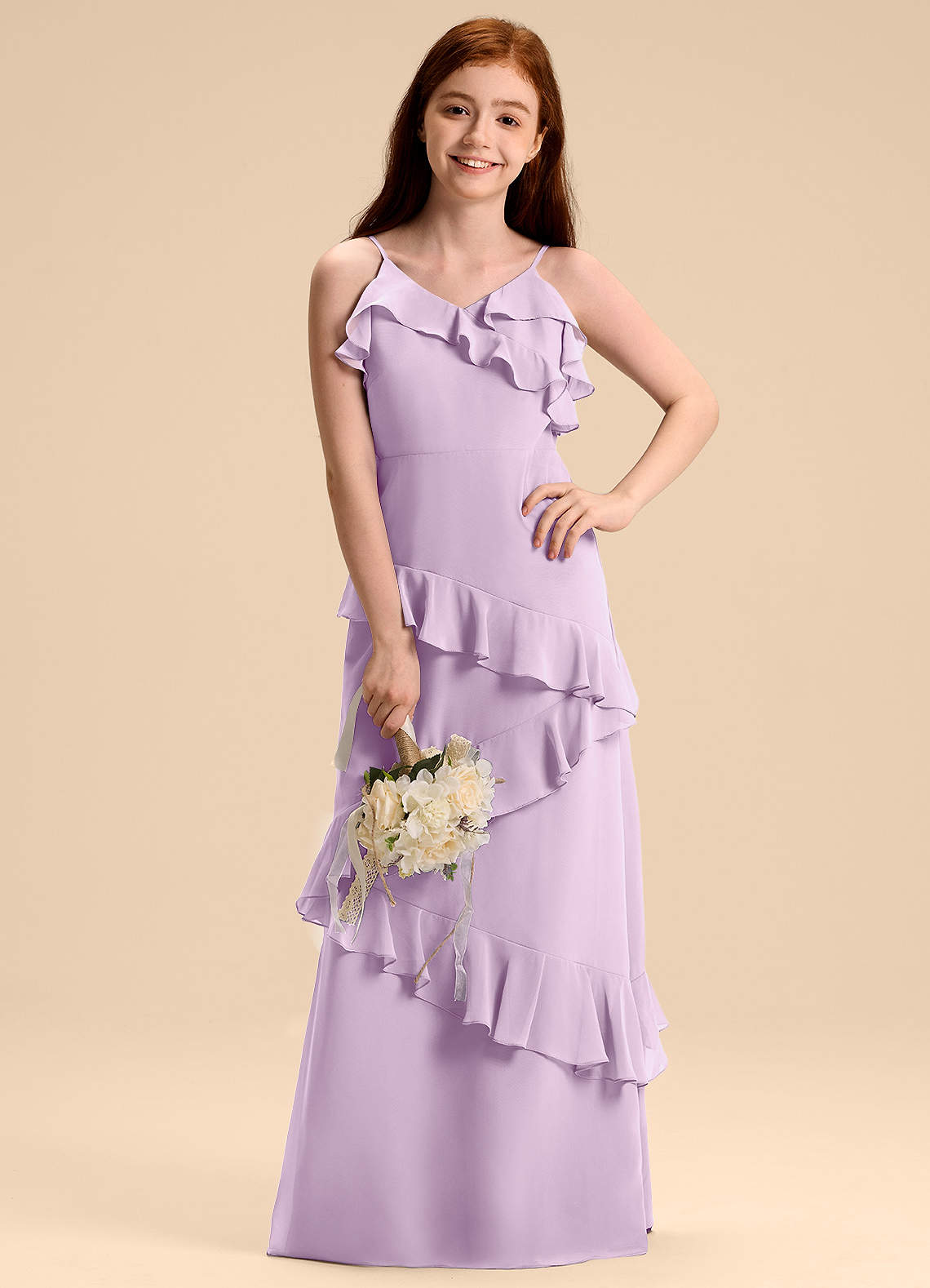 Azazie Evara Junior Abito A-Line in Chiffon Lilla Glassato image1