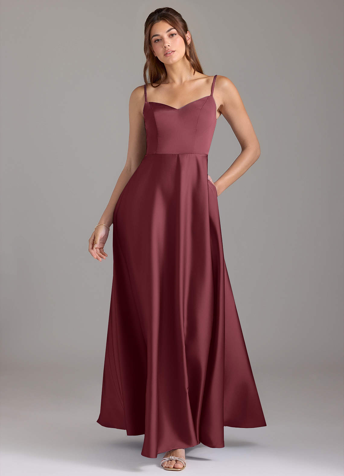 Azazie Marley Brautjungfernkleider Wandelbar A-Linie Schulterfrei Stretch-Satin Kleid Merlot image1