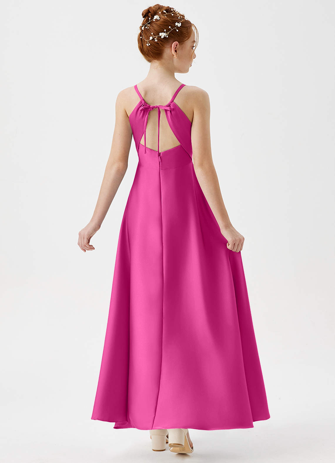 Azazie A-Line/Princess V-Neck Floor-Length Stretch Satin Junior Bridesmaid Dresses - fuchsia