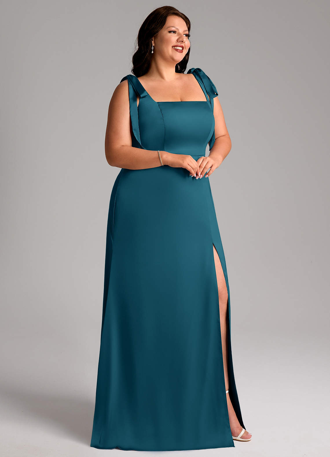 Azazie Frostine Bridesmaid Dresses Ink Blue A-Line Bow Stretch Satin Dress image2
