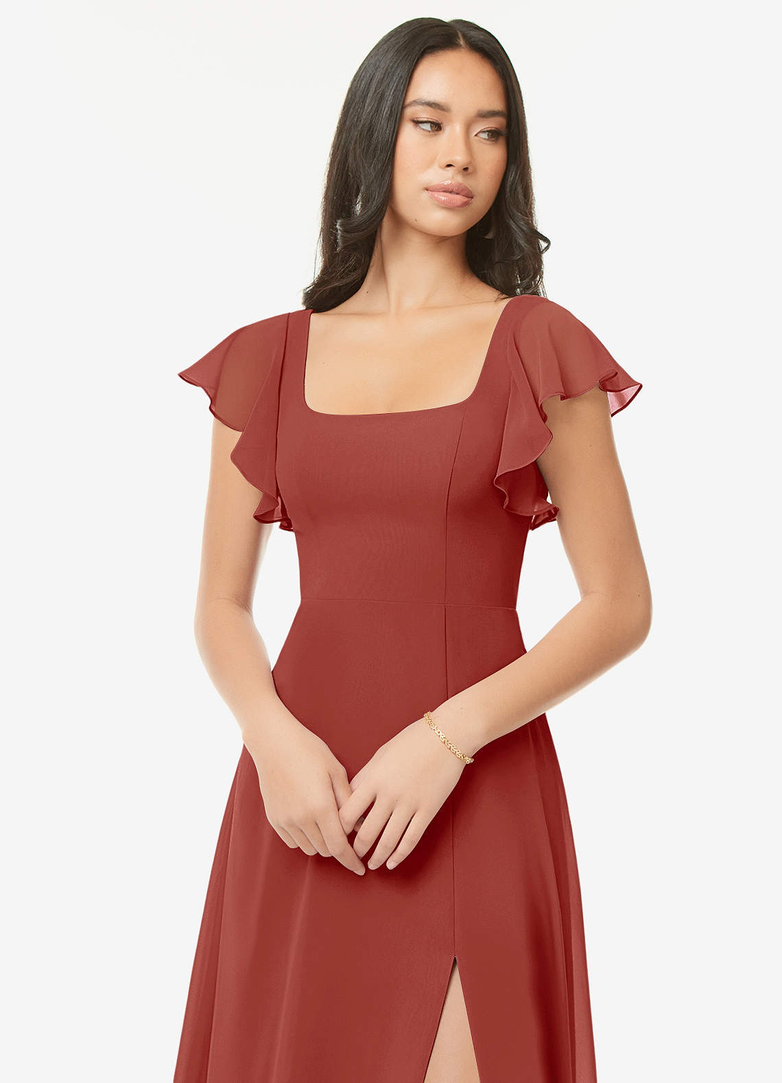 Azazie Bondi Vestidos de madrinha de casamento Vestido Terracota de Chiffon de Linha A com Ruched image5