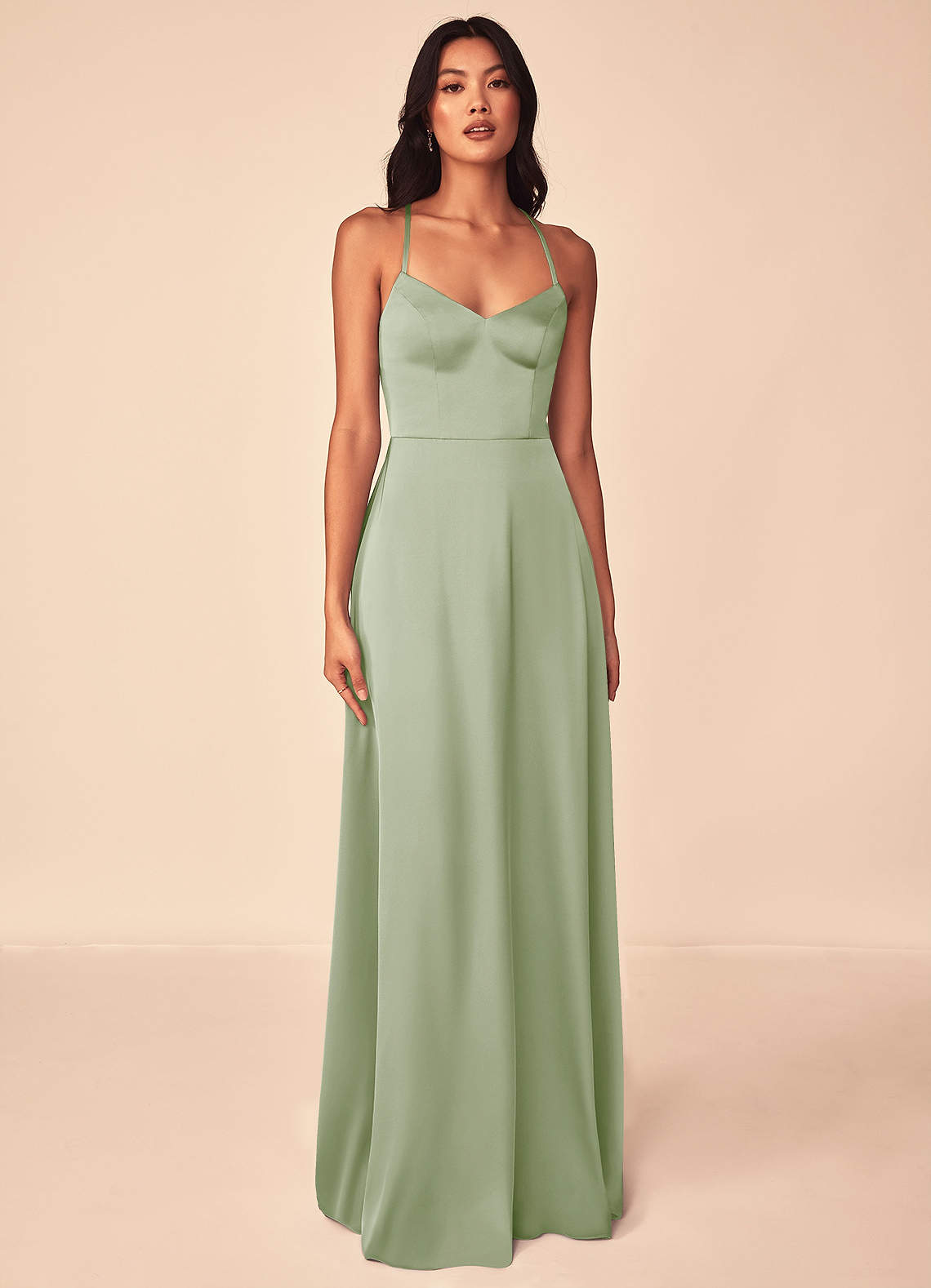 Azazie Mei Bridesmaid Dresses Dusty Sage A-Line V-Neck Stretch Satin Dress image1