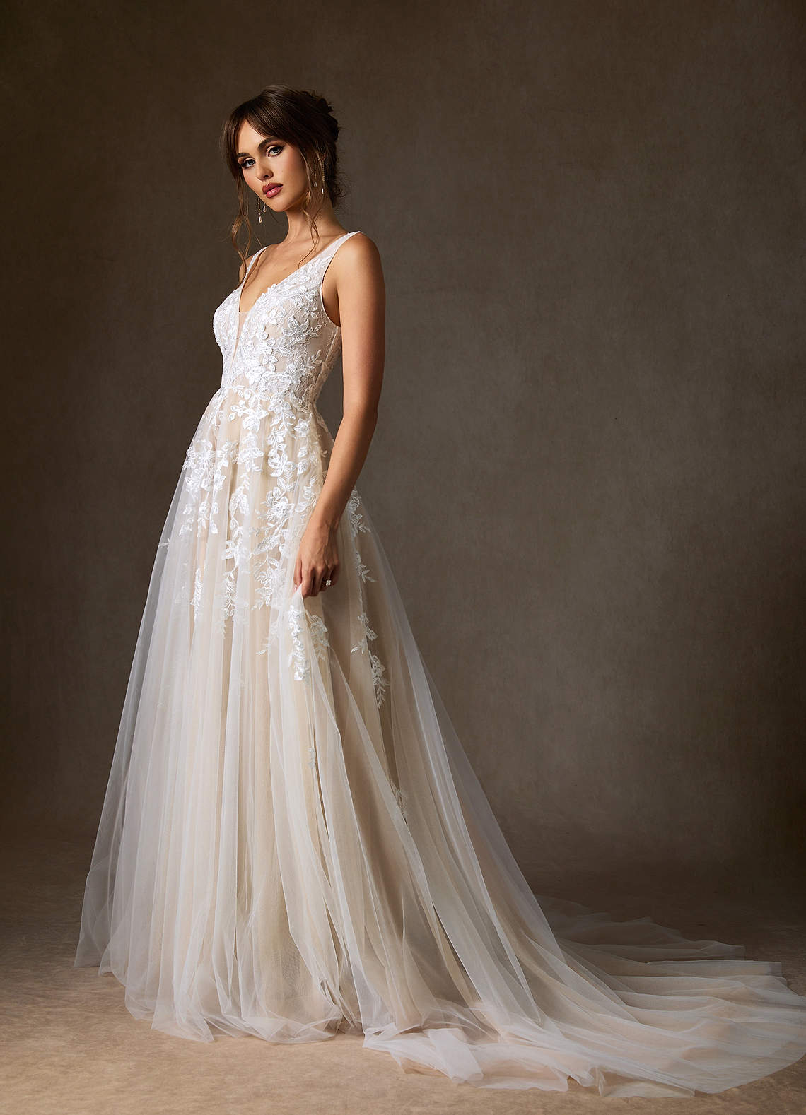 Azazie Sorella Wedding Dresses Diamond White Champagne A-Line V-Neck Sequins Tulle Dress image2
