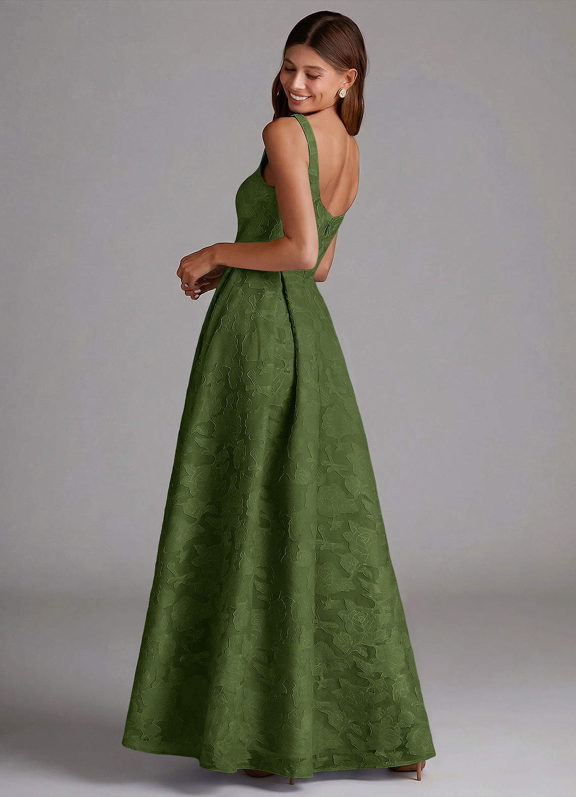 Azazie Amalie Vestidos de madrinha de casamento Vestido Oliva de Esgotamento Floral de Linha A com Plissado image1