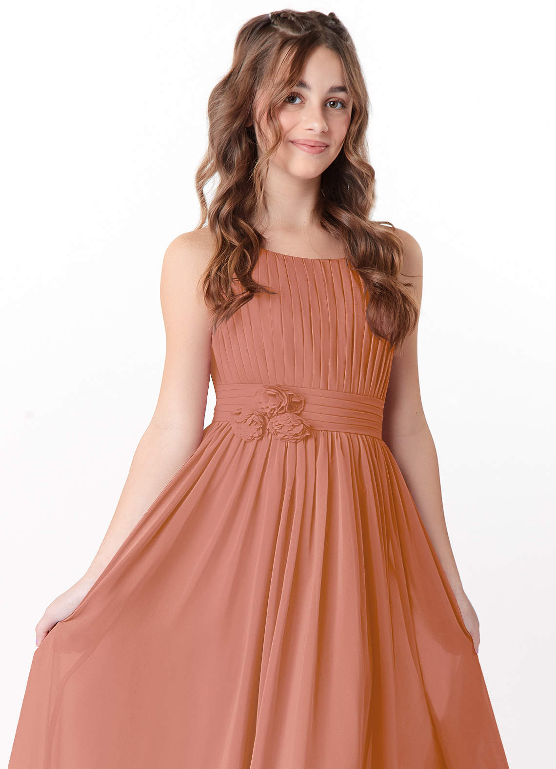 Azazie Astrid Junior MAI TAI A-Line Floral Chiffon Dress image1