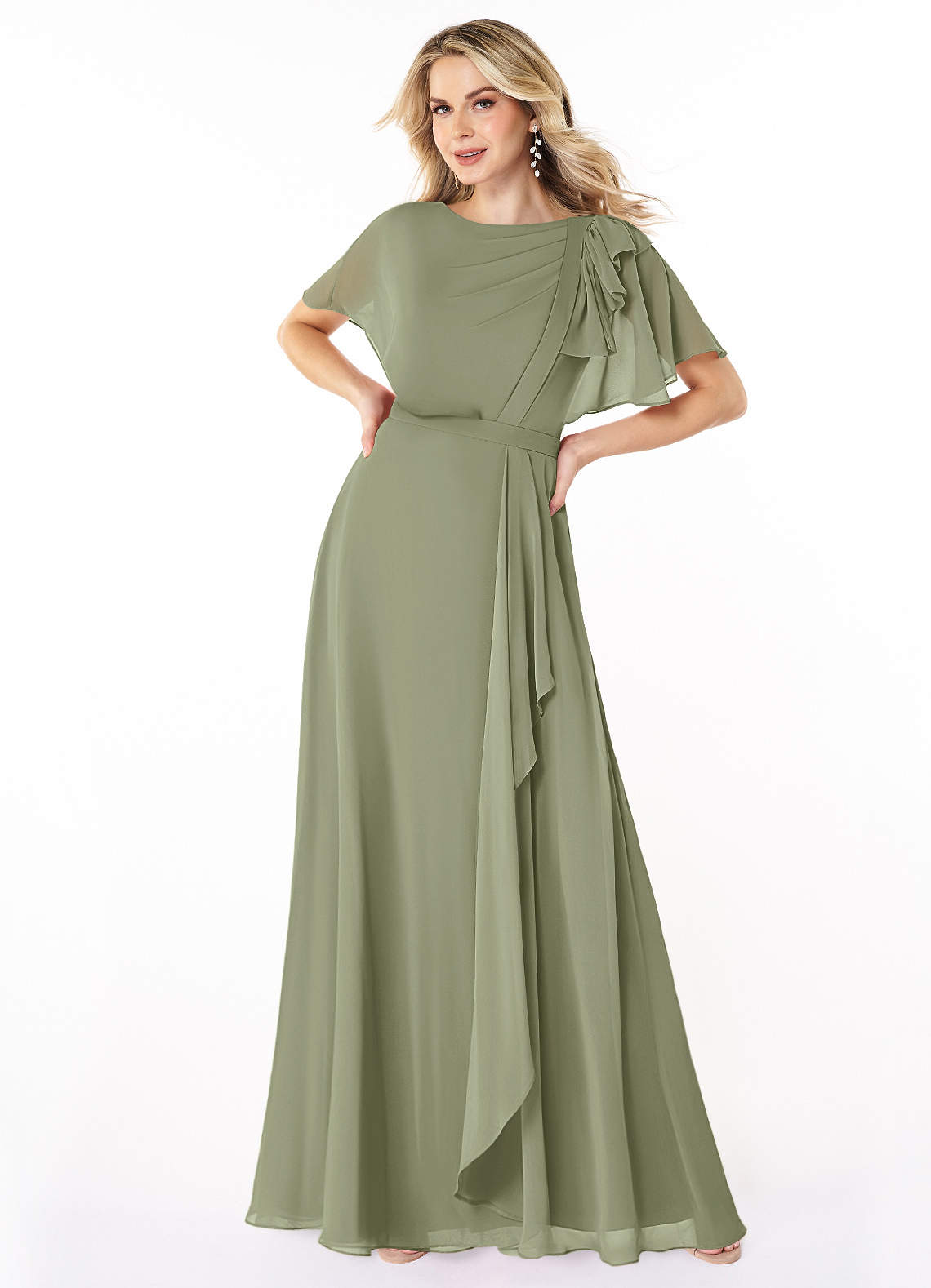Azazie Aaliyah Bescheidene Brautjungfernkleider A-Linie Schaufel Gefaltet Chiffon Bodenlänge Kleid image1
