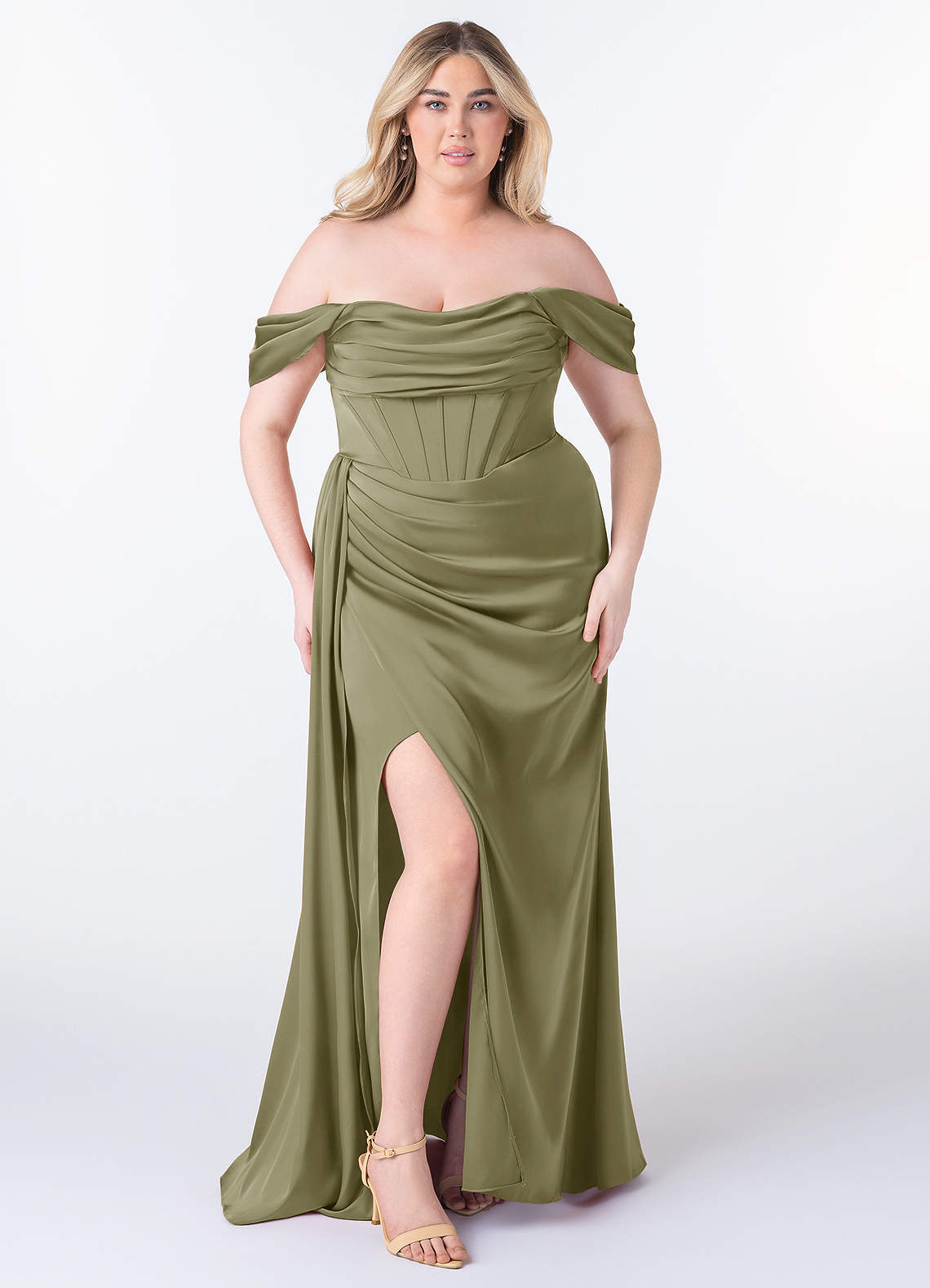 Azazie Amyra Bridesmaid Dresses Pistachio Sheath Off the Shoulder Stretch Satin Convertible Dress image1