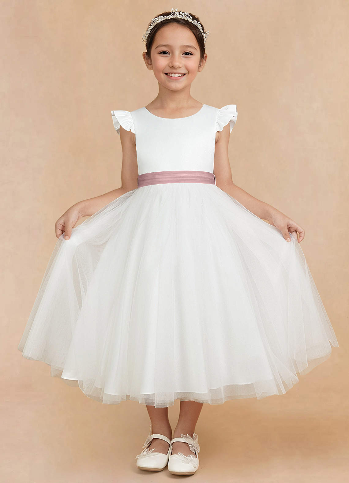 Azazie Hemi Flower Girl Dresses Ivory Dusty Rose A-Line Bow Tulle Dress image2