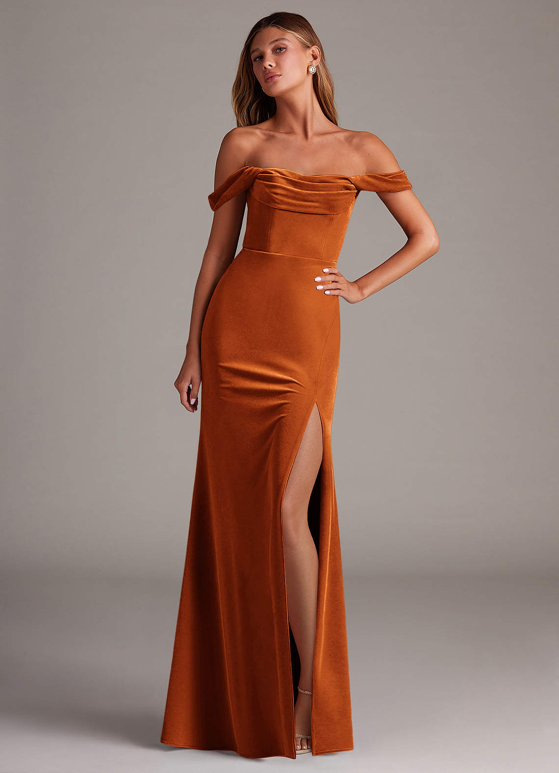 Azazie Saige Bridesmaid Dresses Burnt Orange Sheath Off the Shoulder Velvet Convertible Dress image1