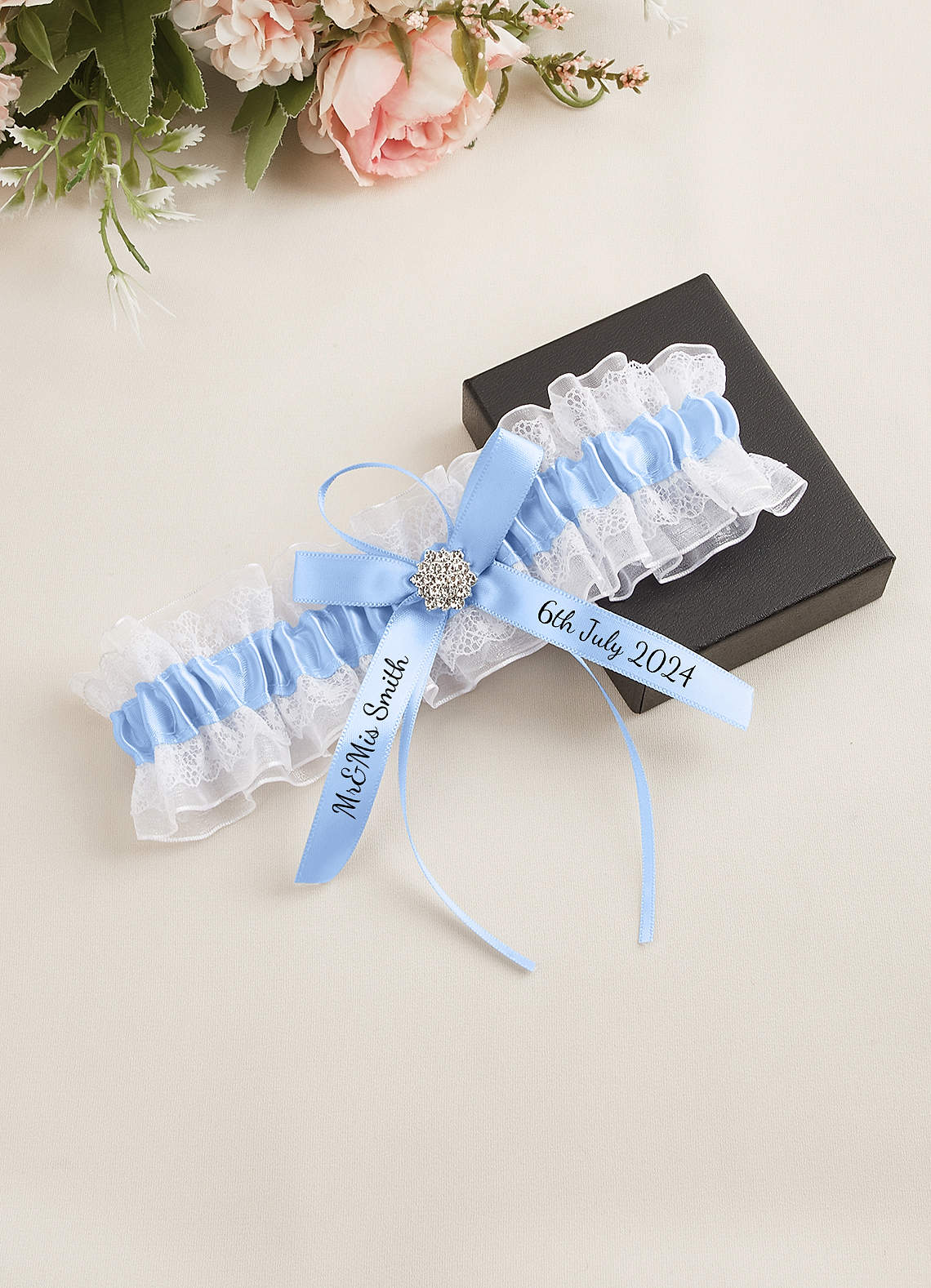 front Personalized Lace Blue Wedding Garter