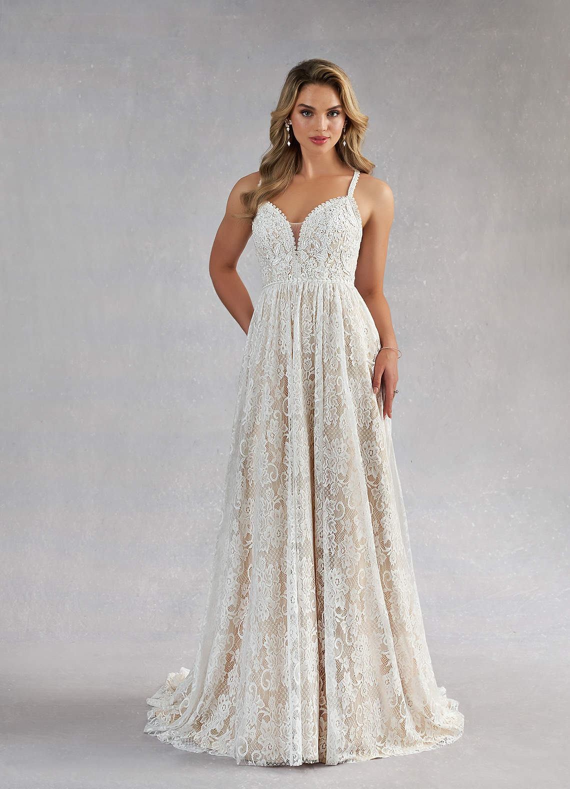 Azazie August At-home Try On Dresses Diamond White Nude A-Line Lace Dress image1