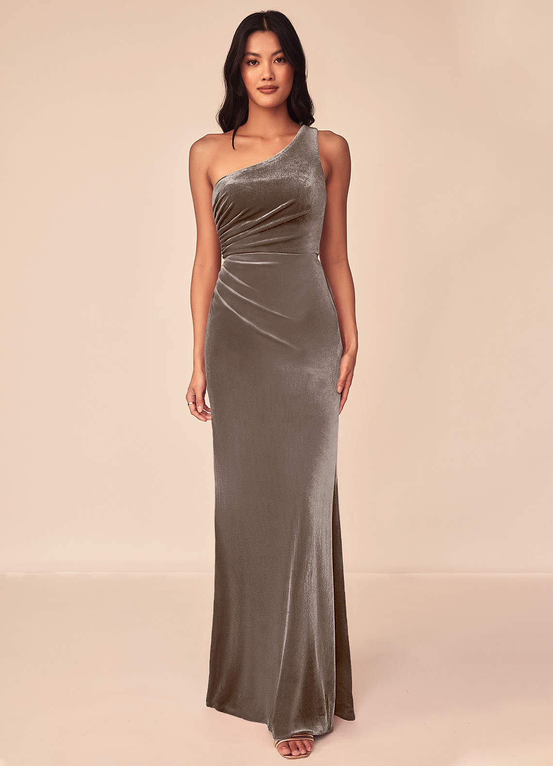Azazie Argan Bridesmaid Dresses Silver Taupe A-Line One Shoulder Pleated Velvet Dress image1