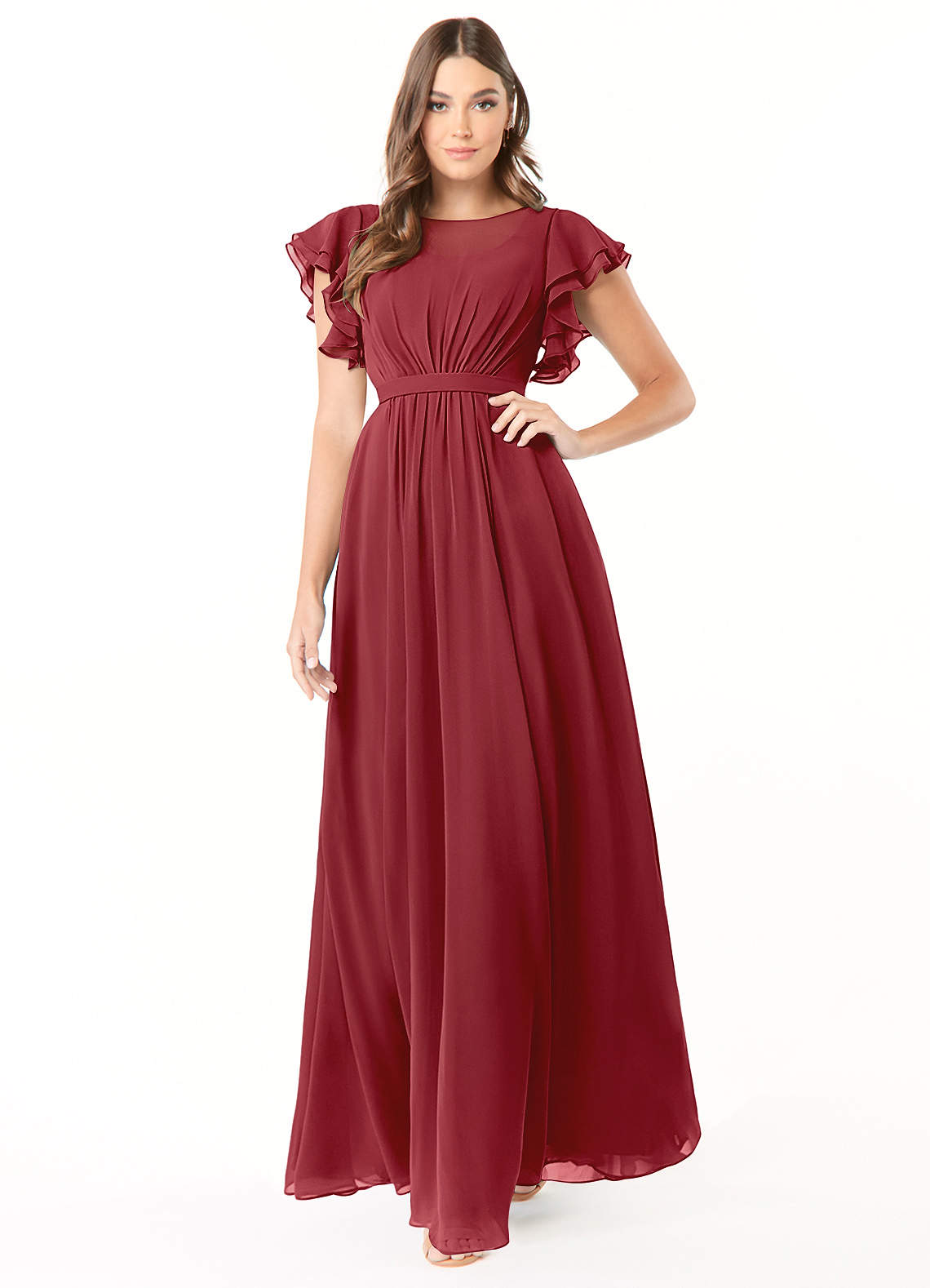 Azazie Daphne Bescheidene Brautjungfernkleider A-Linie Gekräuselt Chiffon Bodenlänge Kleid image1