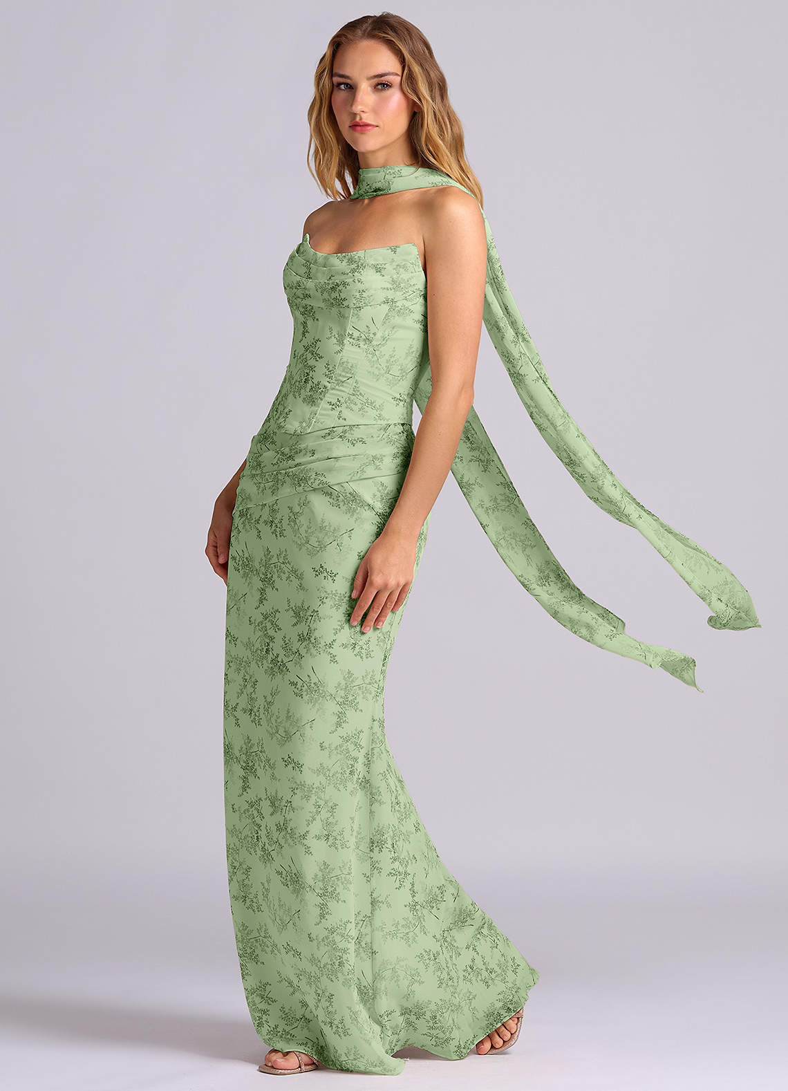 Azazie Sorrel Vestidos de damas de honor Vestido de Floral Helecho Verde de Gasa de Corte Sirena con Corsé image2