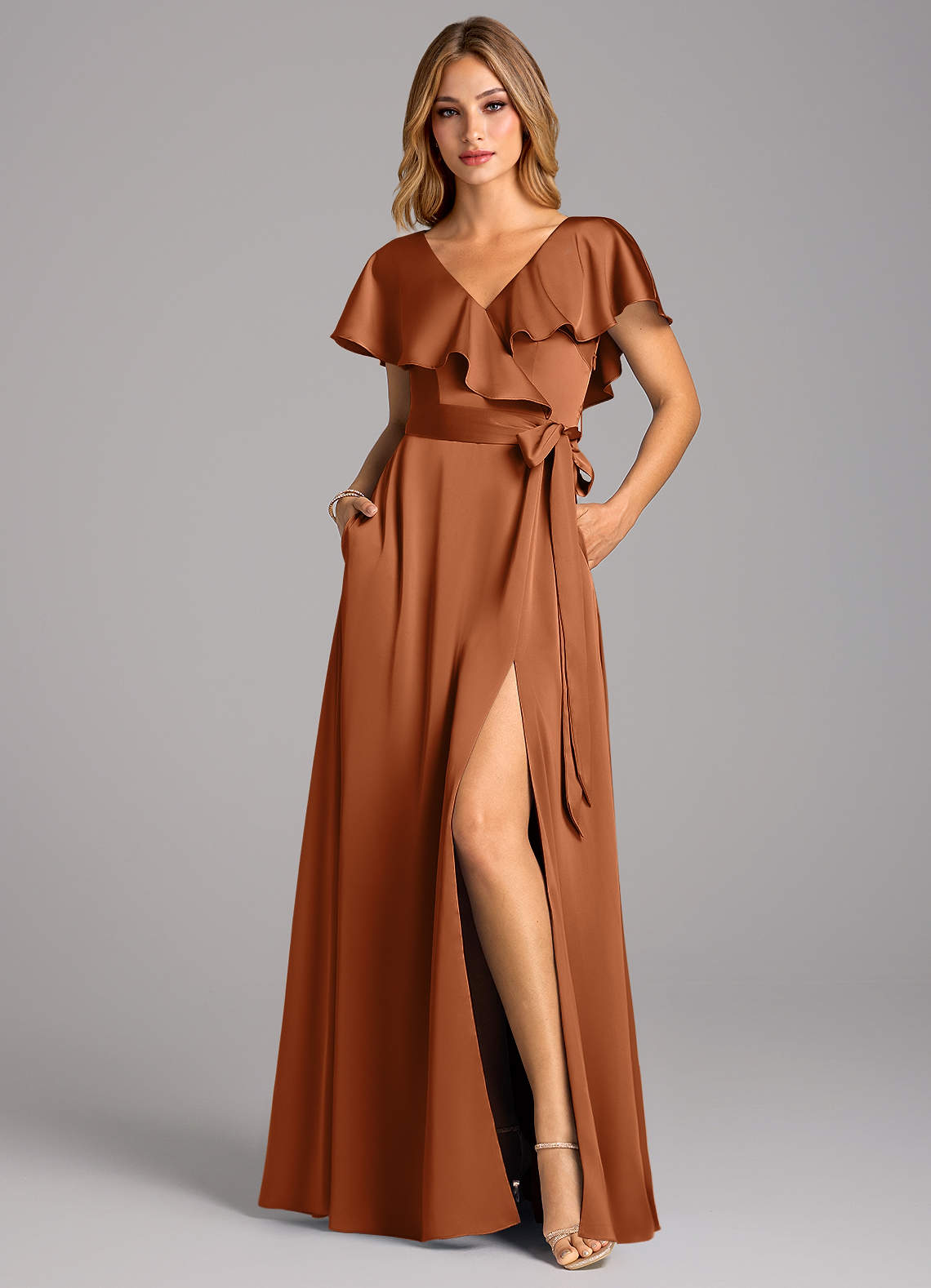 Azazie A-Line V-Neck Floor-Length Stretch Satin Bridesmaid Dresses - Copper