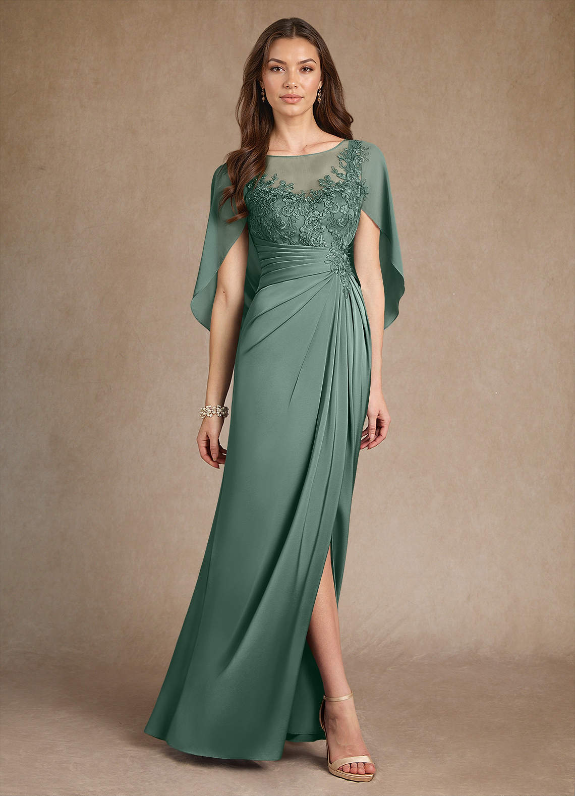 Azazie Hera Mother of the Bride Dresses Eucalyptus A-Line Lace Stretch Satin Dress image3