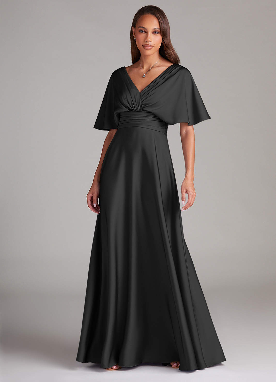 Azazie Pamela Vestidos de damas de honor Vestido de Negro de Satén Elástico de Corte en A con Plisado image1