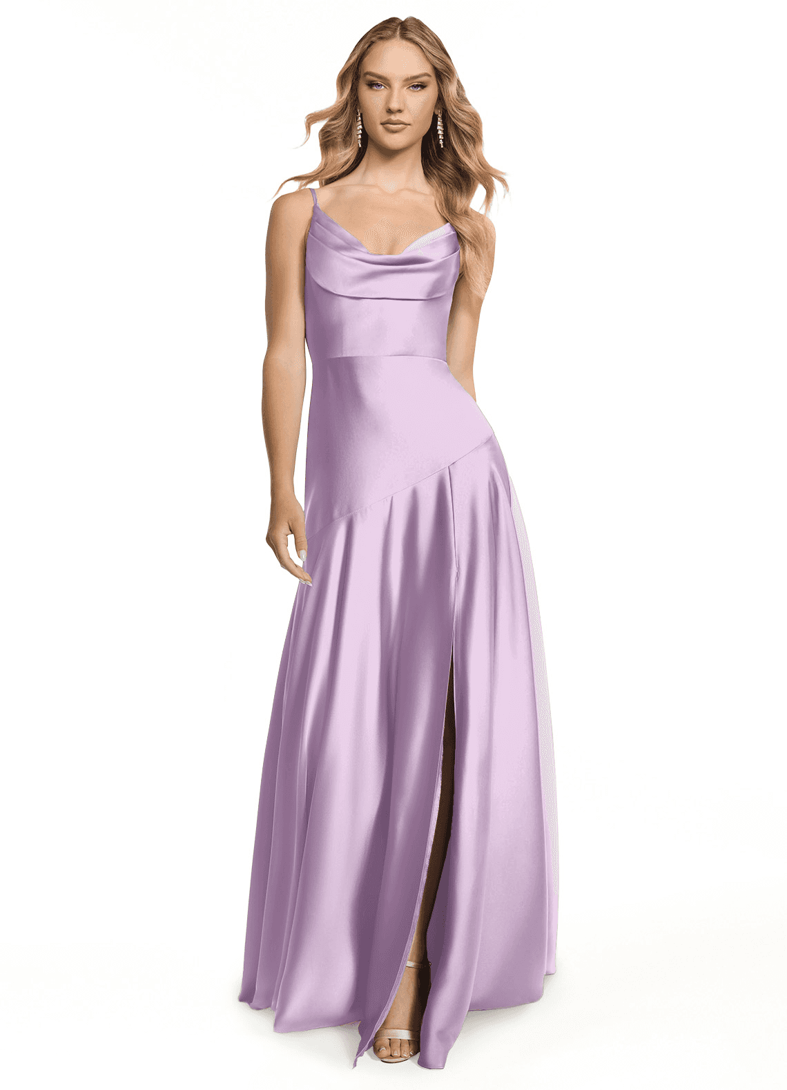 Azazie Kayla Bridesmaid Dresses Frosted Lilac Sheath Side Slit Stretch Satin Dress image1