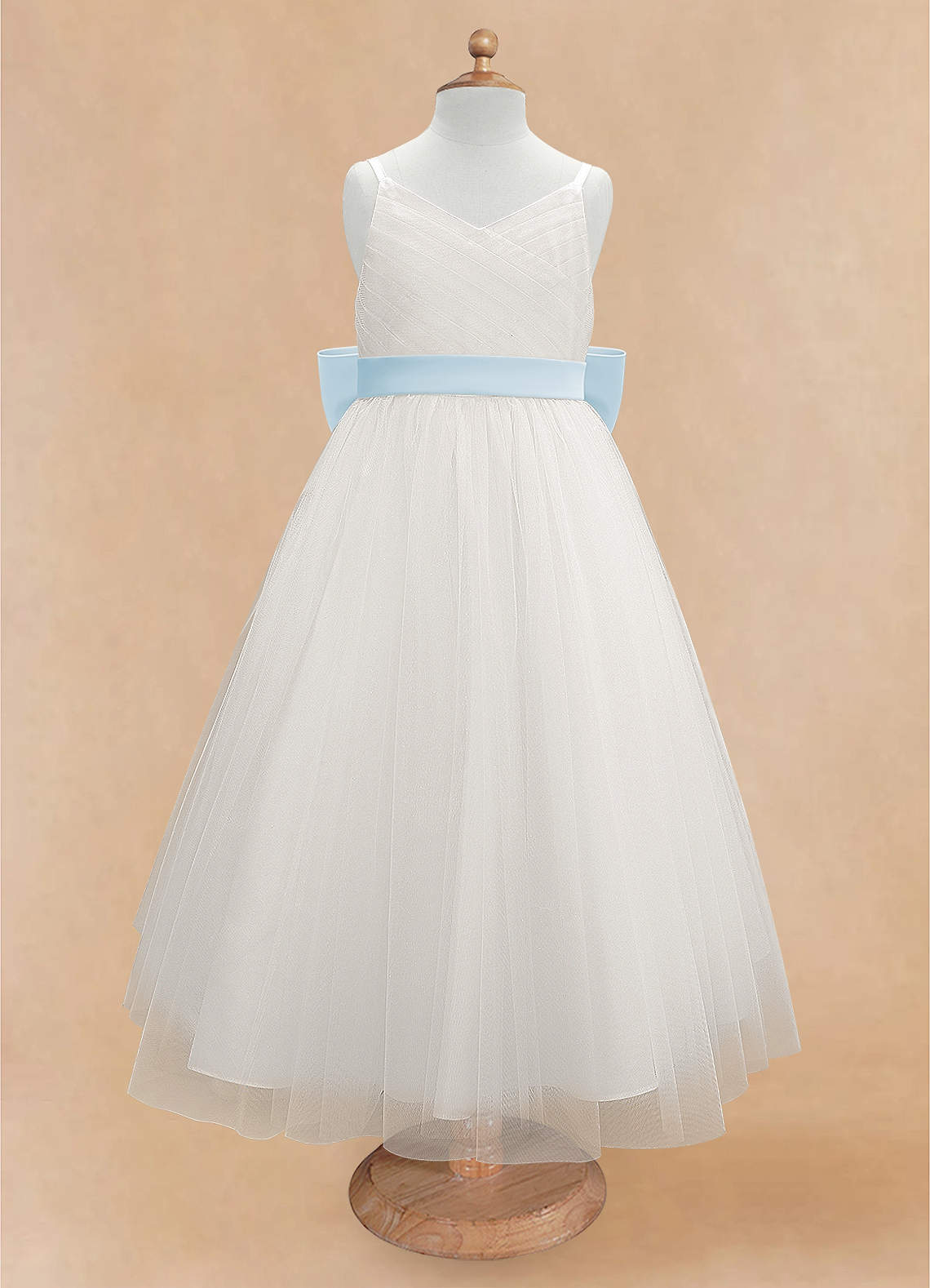 Azazie A-Line V-Neck Ankle-Length Tulle Flower Girl Dresses - Sky Blue