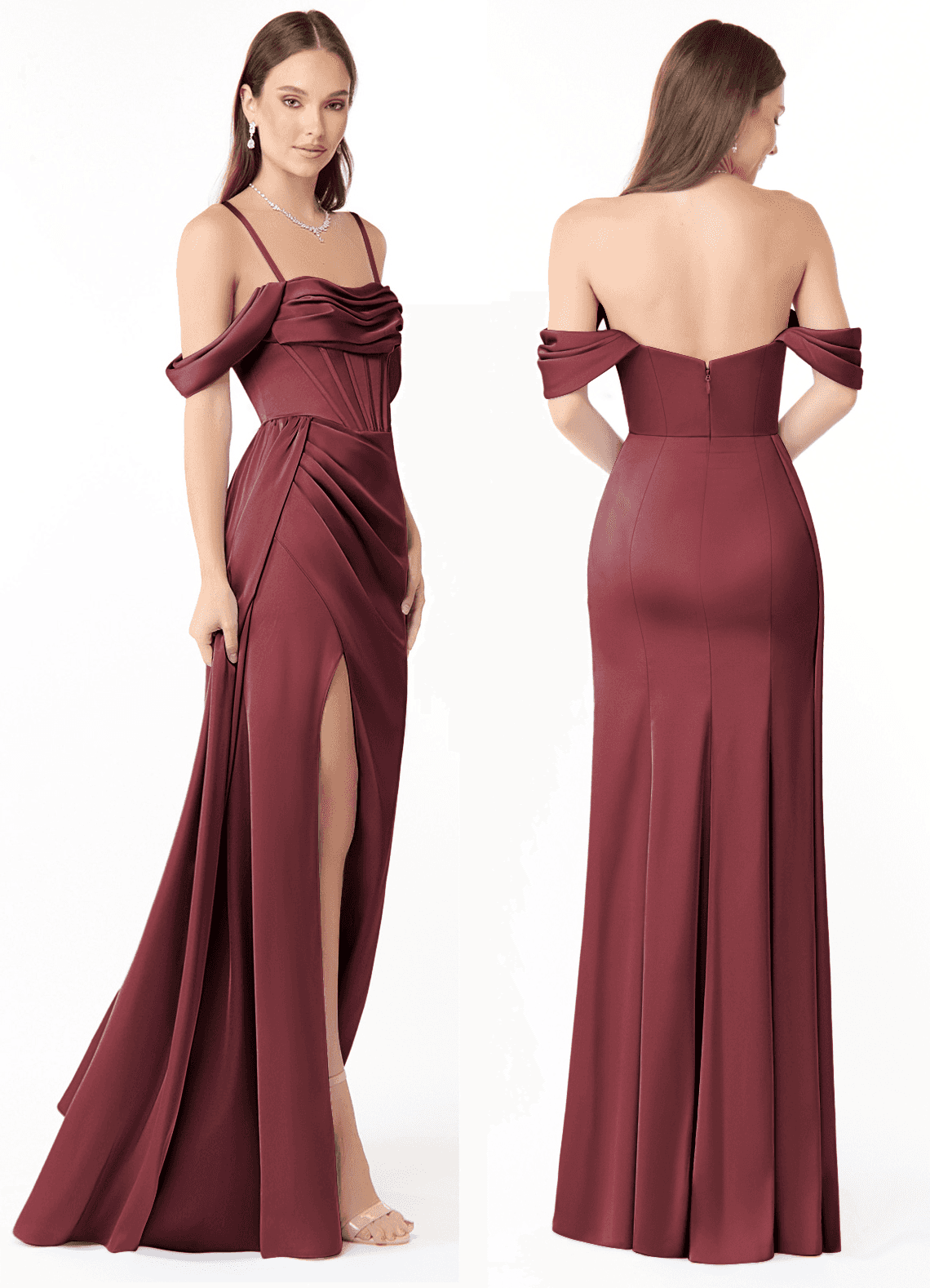 Azazie Amyra Vestidos de damas de honor Vestido de Merlot de Satén Elástico de Corte Recto Convertible con Vestidos sin tirantes image1