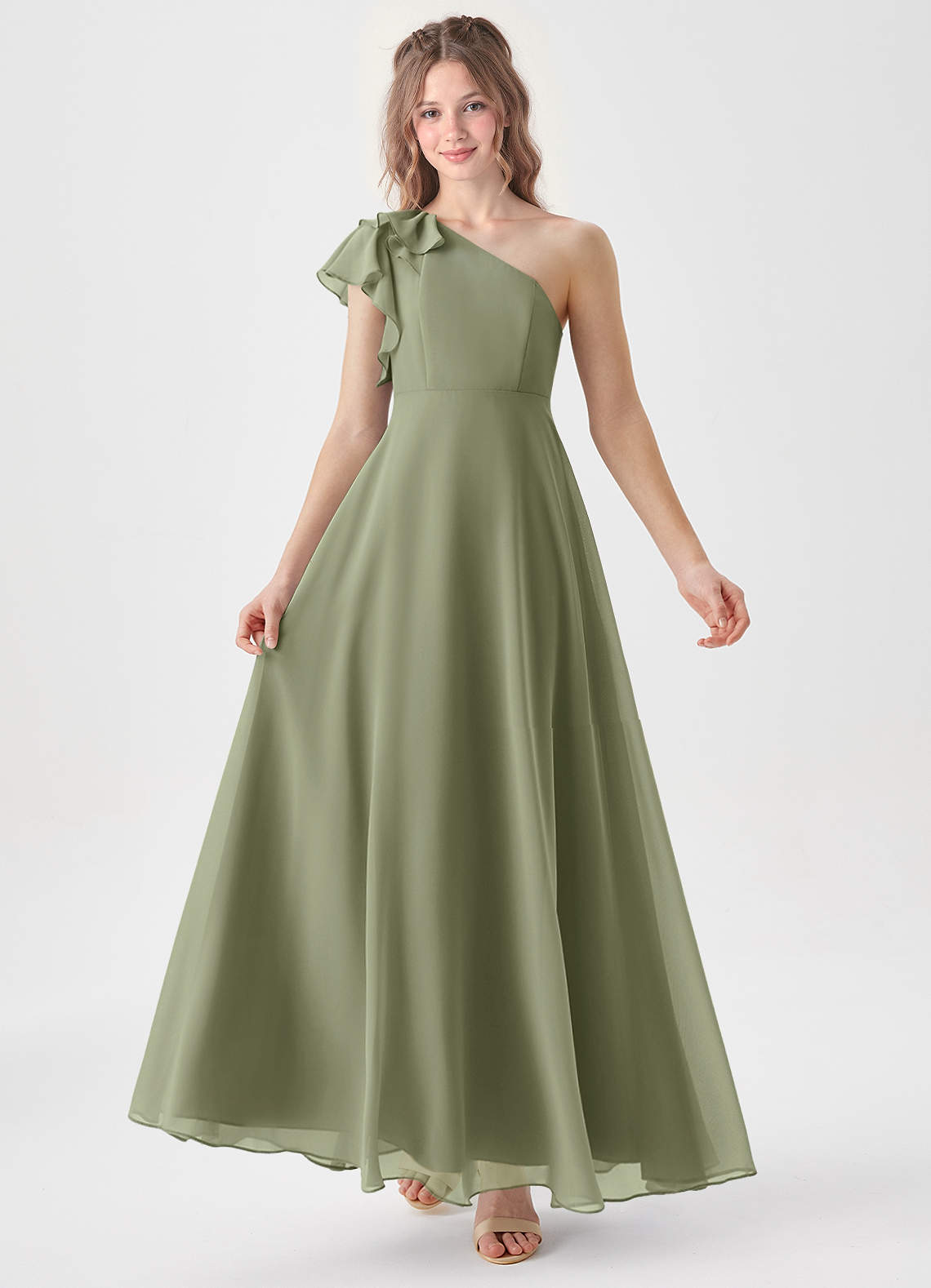 Azazie Arabella Junior Agave A-Line Ruched Chiffon Dress image1