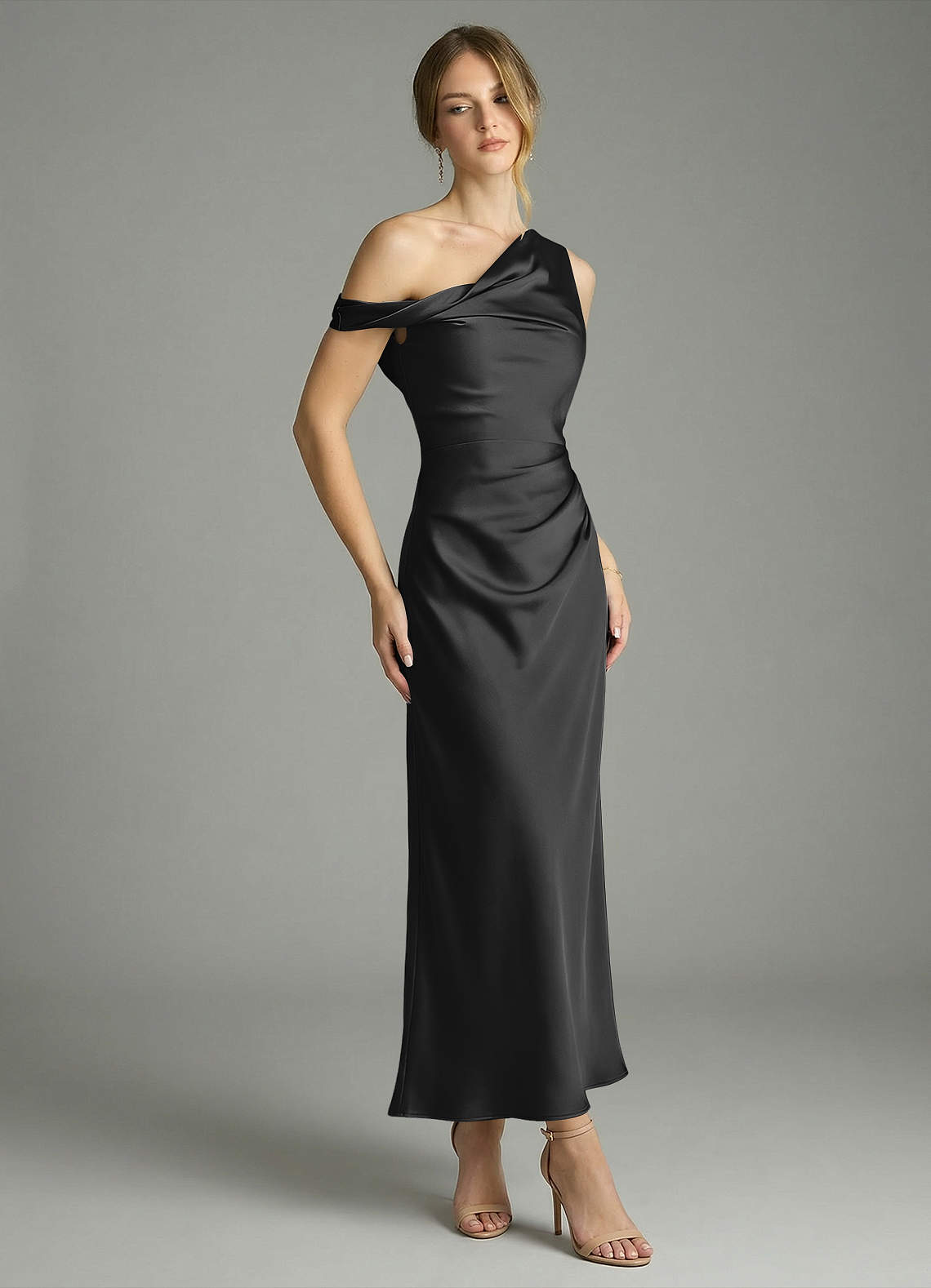 Azazie Emerson At-home Try On Dresses Black Mermaid Off the Shoulder Stretch Satin Dress image2