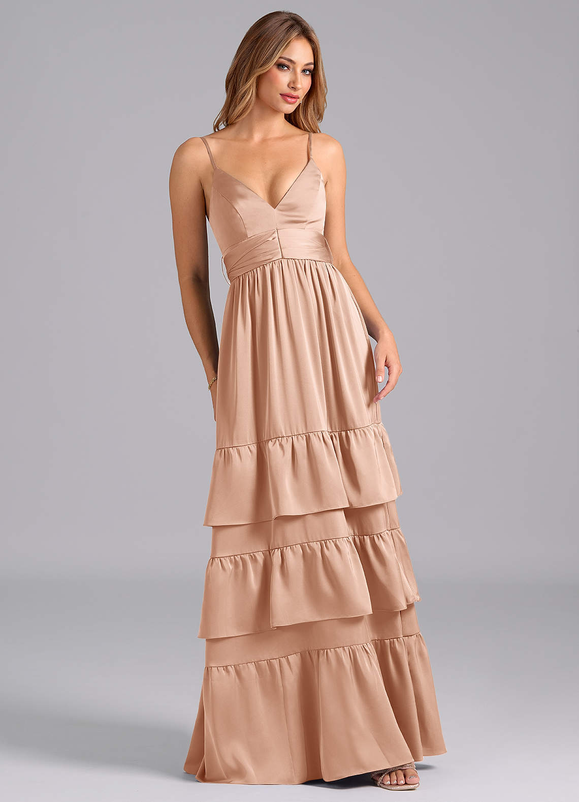 Azazie Nathalia Bridesmaid Dresses Rose Gold A-Line Pleated Stretch Satin Dress image1
