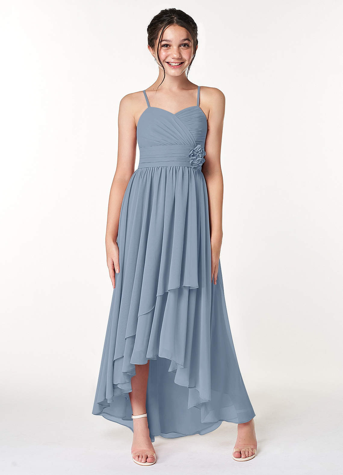 Azazie Catalina Junior Dusty Blue A-Line Ruched Chiffon Dress image3