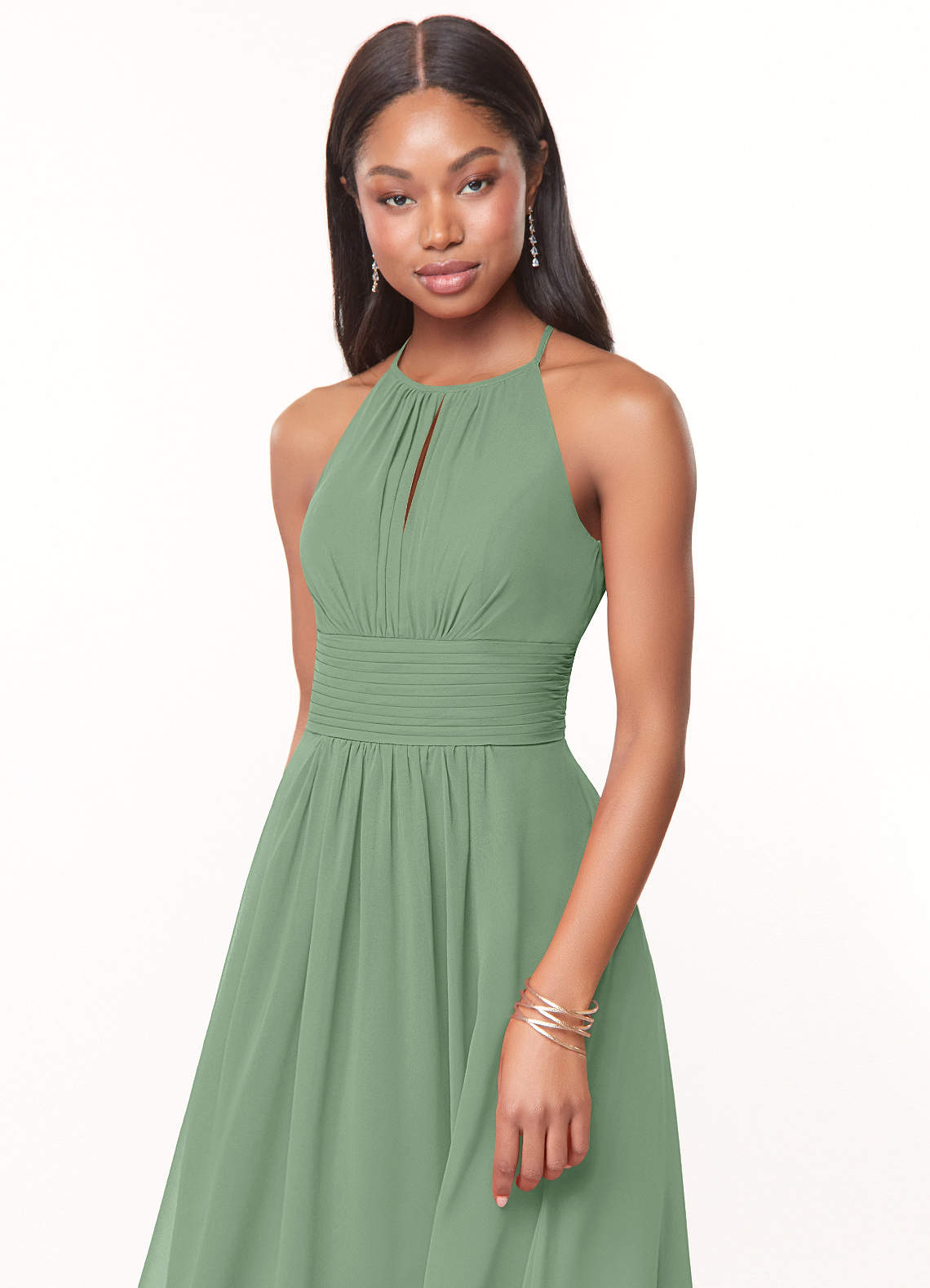 Azazie Bonnie Bridesmaid Dresses Matcha A-Line Keyhole Ruched Chiffon Dress image4