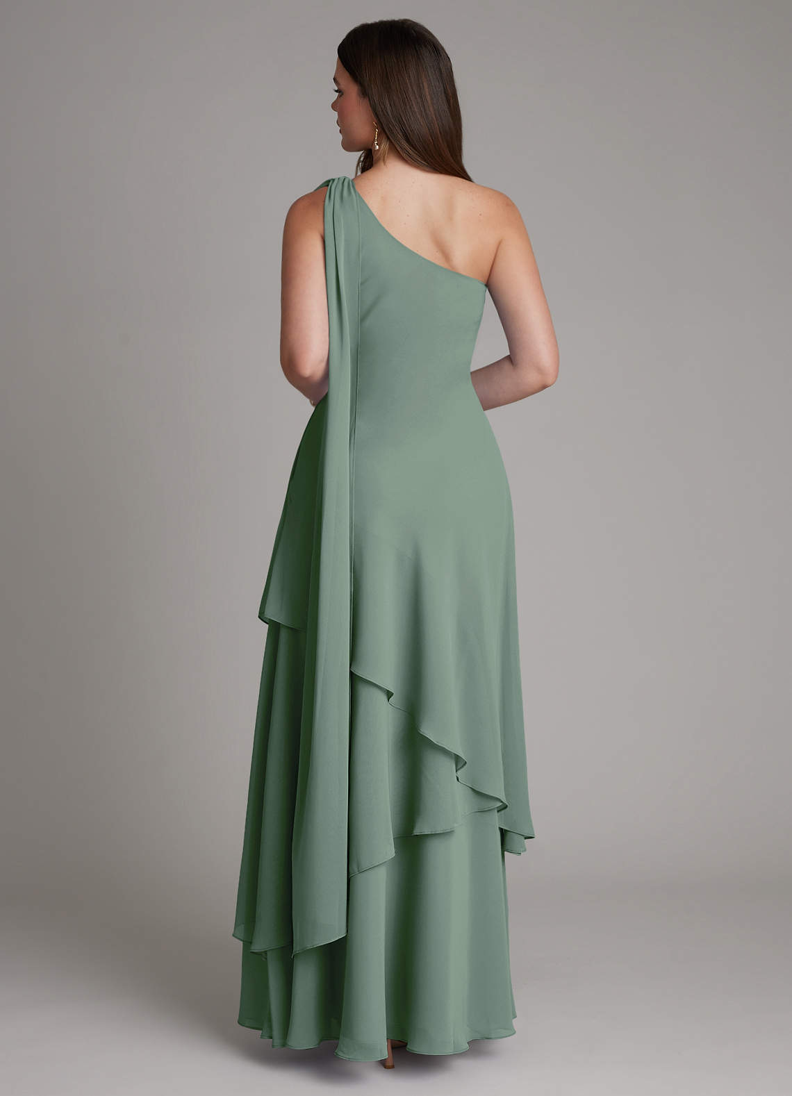 Azazie Monique At-home Try On Dresses Eucalyptus A-Line One Shoulder Chiffon Dress image1