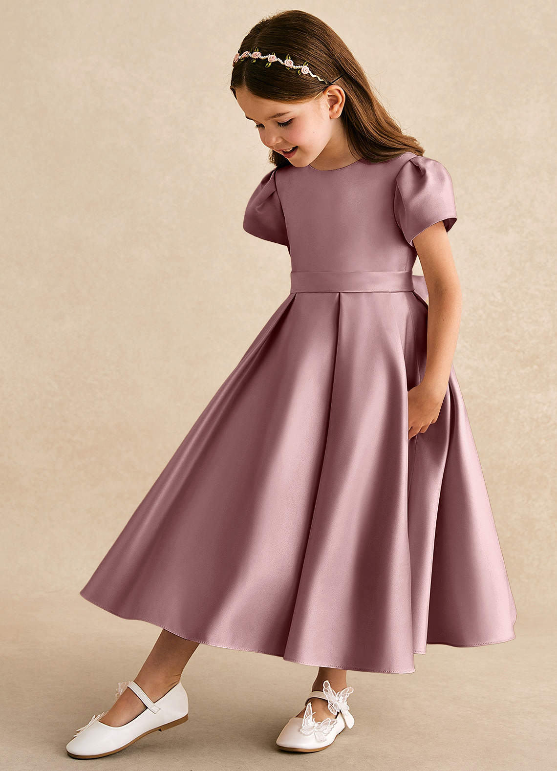 Azazie Princess vestidos de niña de las flores Vestido de Rosa Polvorienta de Satin Mate de Corte En A con Plisado image1