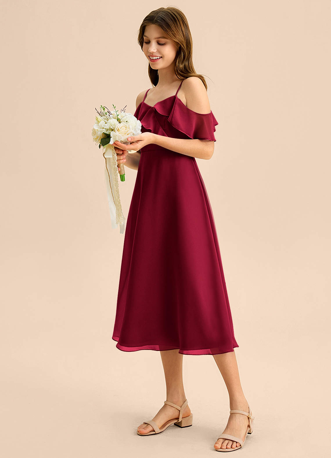 Azazie Kamilla Junior Abito A-Line in Chiffon a Spalla Scoperta Borgogna image2