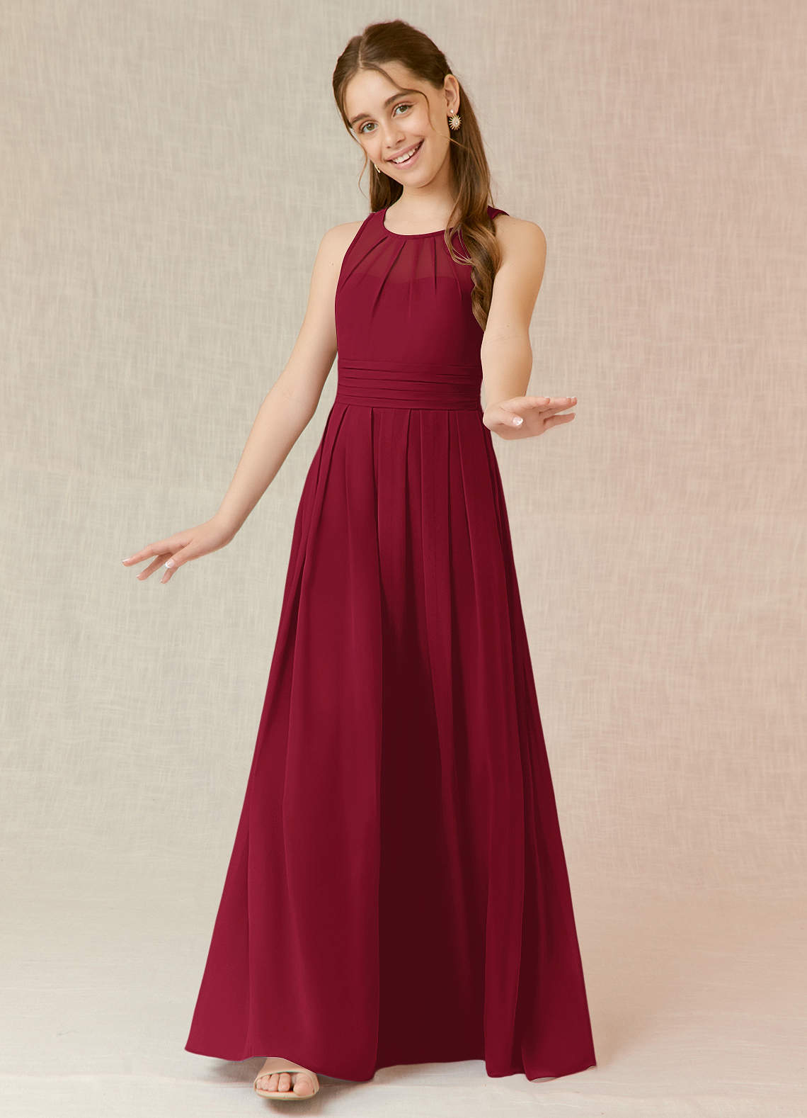 Azazie Bibiane Junior Vestido Borgonha de Chiffon de Linha A com Plissado image3