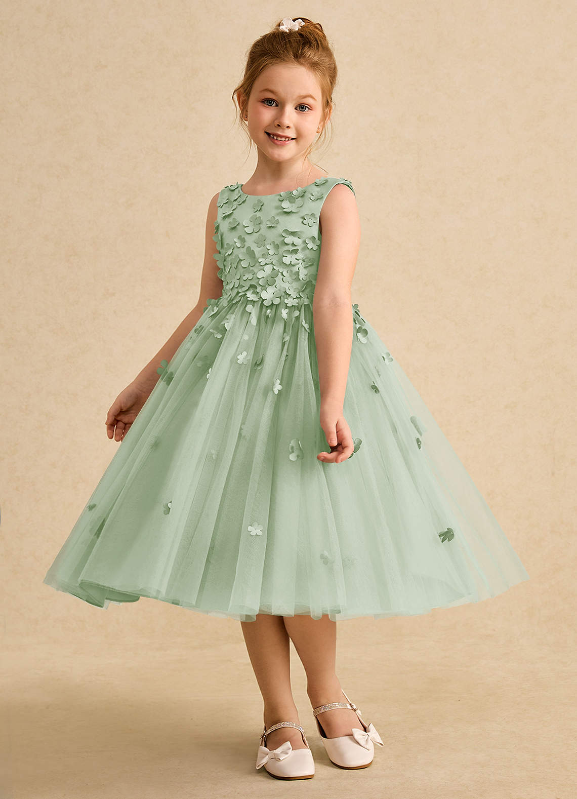 Azazie Lana Blumenmädchenkleider A-Linie ärmellos Matte Satin Kleid Staubiger Salbeigrün image2