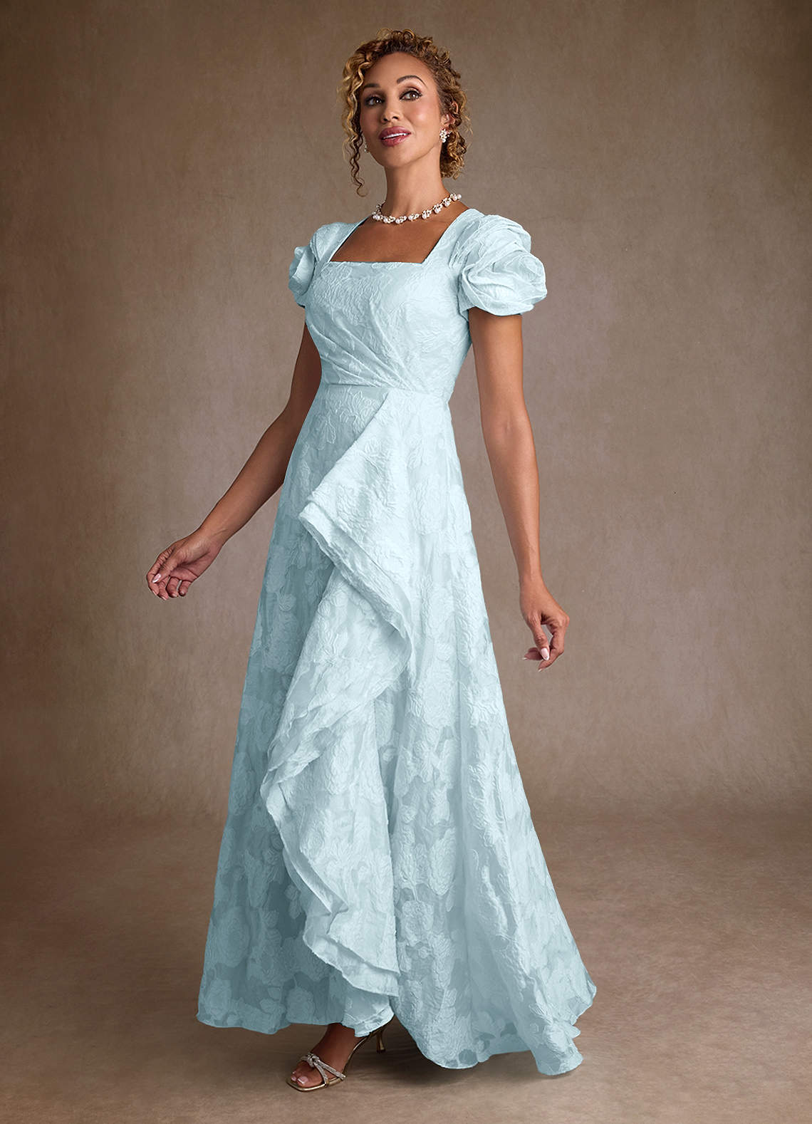 Azazie Hermina Mother of the Bride Dresses Pale Blue Jacquard A-Line Pleated Floral Jacquard Dress image3