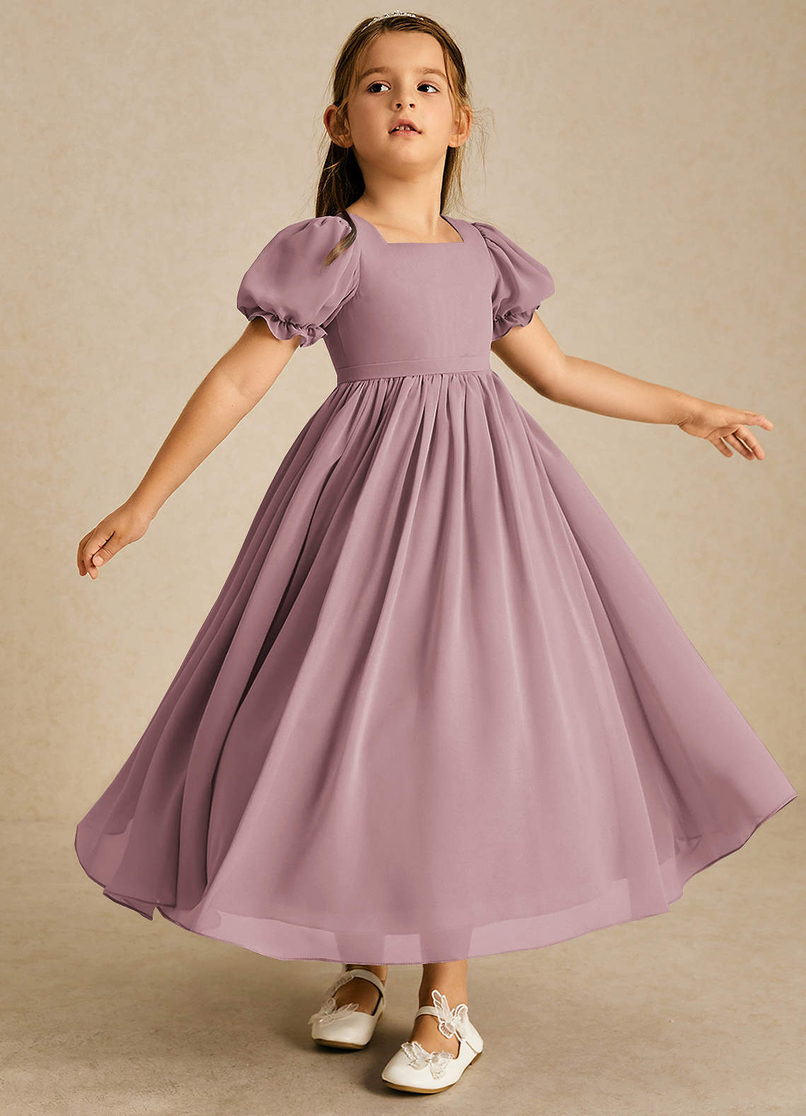 Azazie Joss Flower Girl Dresses Dusty Rose A-Line with Sleeves Chiffon Dress image2