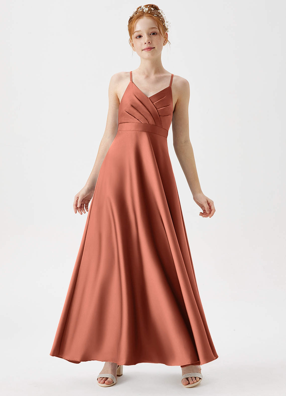 Azazie Avelina Junior Clay A-Line Pleated Stretch Satin Dress image1